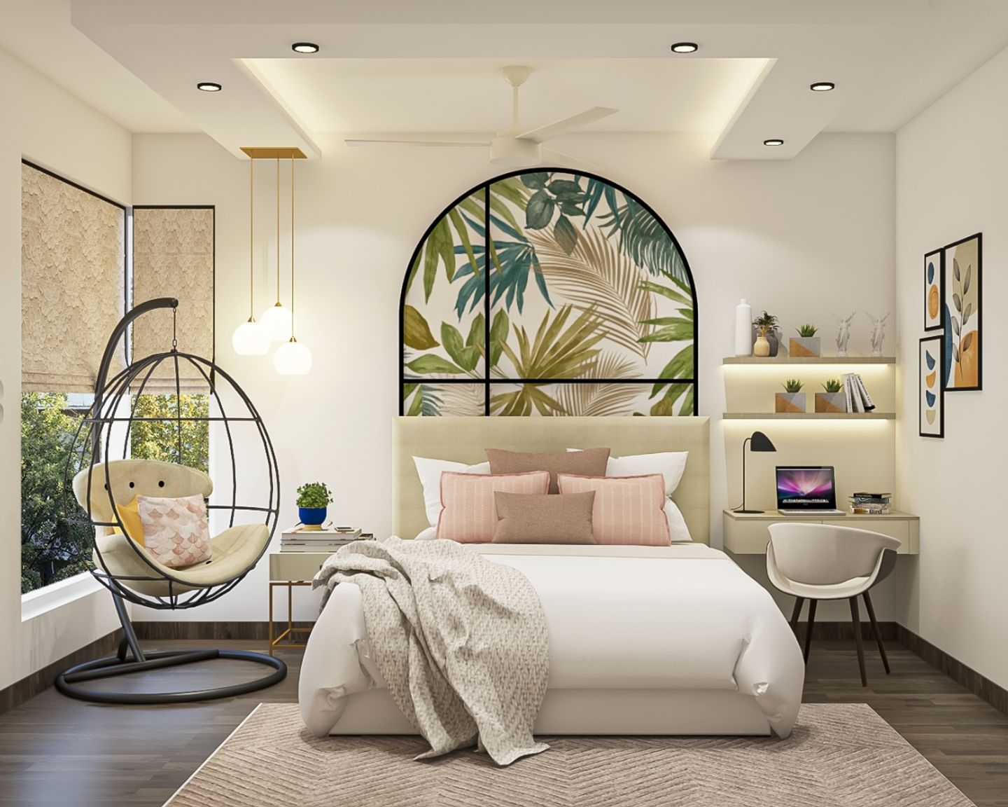 Spacious Kids Room Design With Beige Bed And TropicalThemed Arched