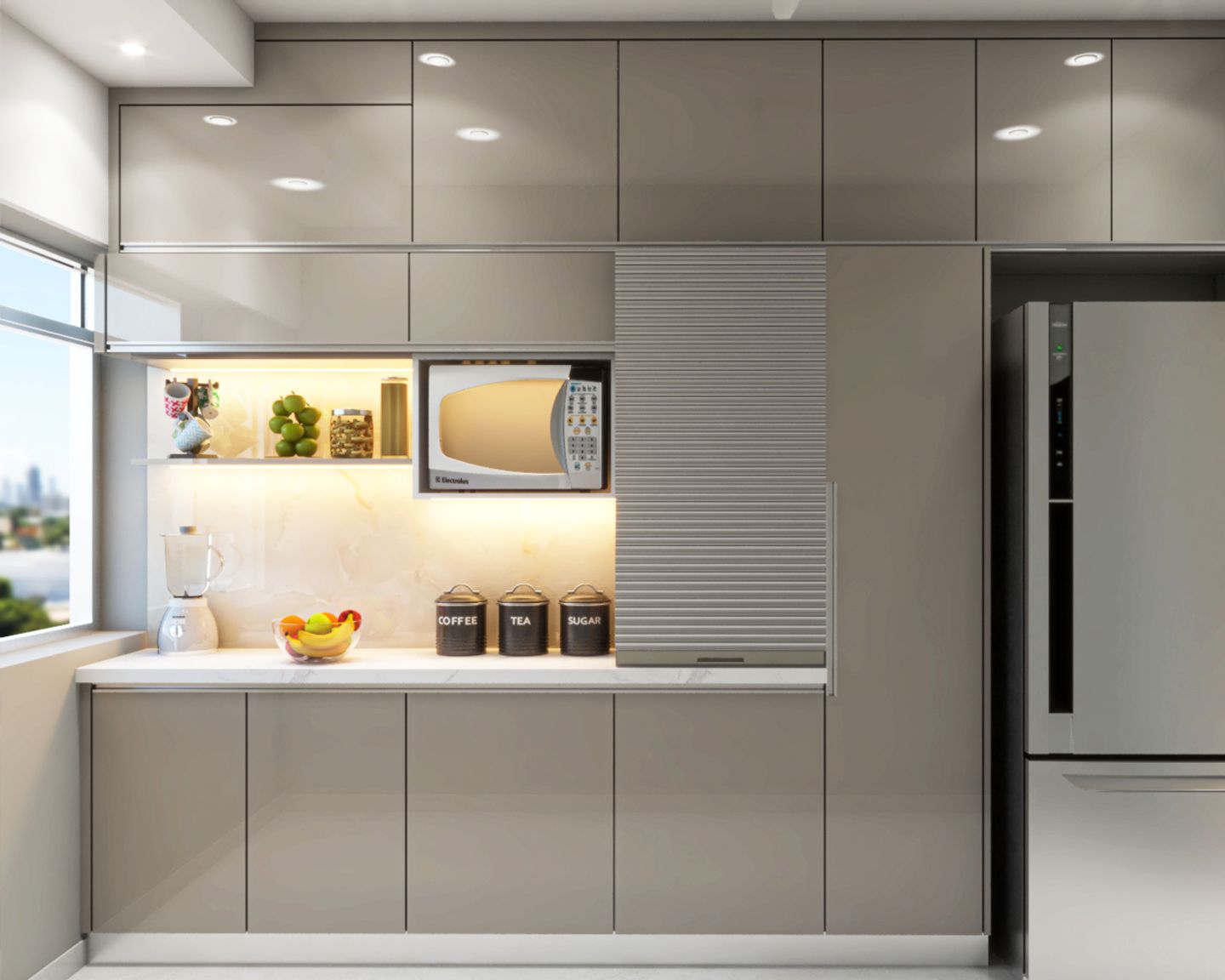 Parallel Indian Kitchen Design With Dove Grey Glossy Cabinets | Livspace