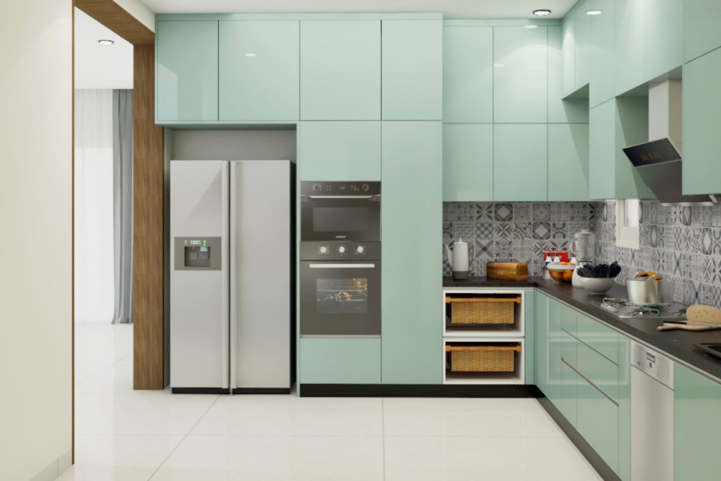L-Shape Aqua Green Kitchen With Wicker Basket And Tall Appliance Unit - Livspace