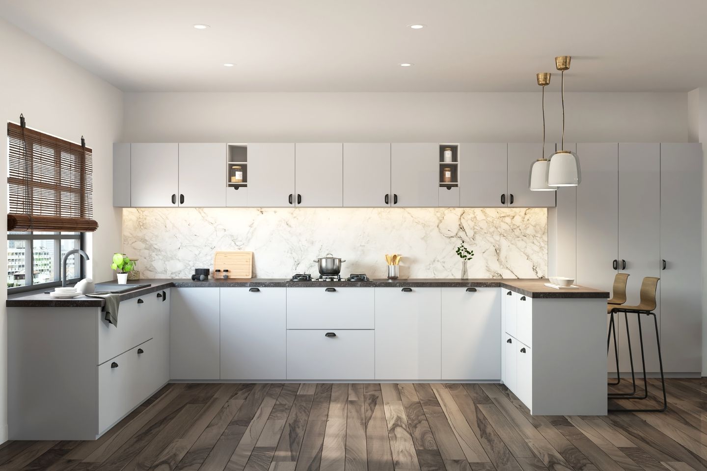 Spacious U-Shaped White Kitchen Design With White Marble Backsplash And Wooden Flooring - Livspace
