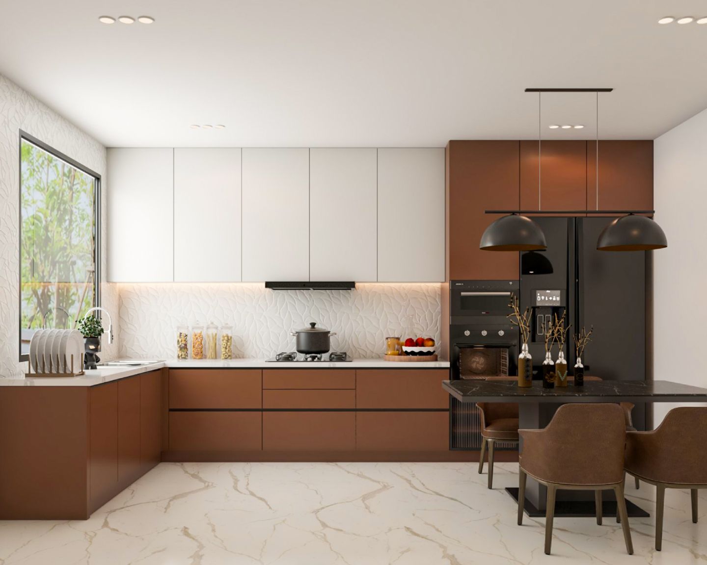 L-Shape Modular Brown And White Kitchen Design With White 3D Backsplash ...