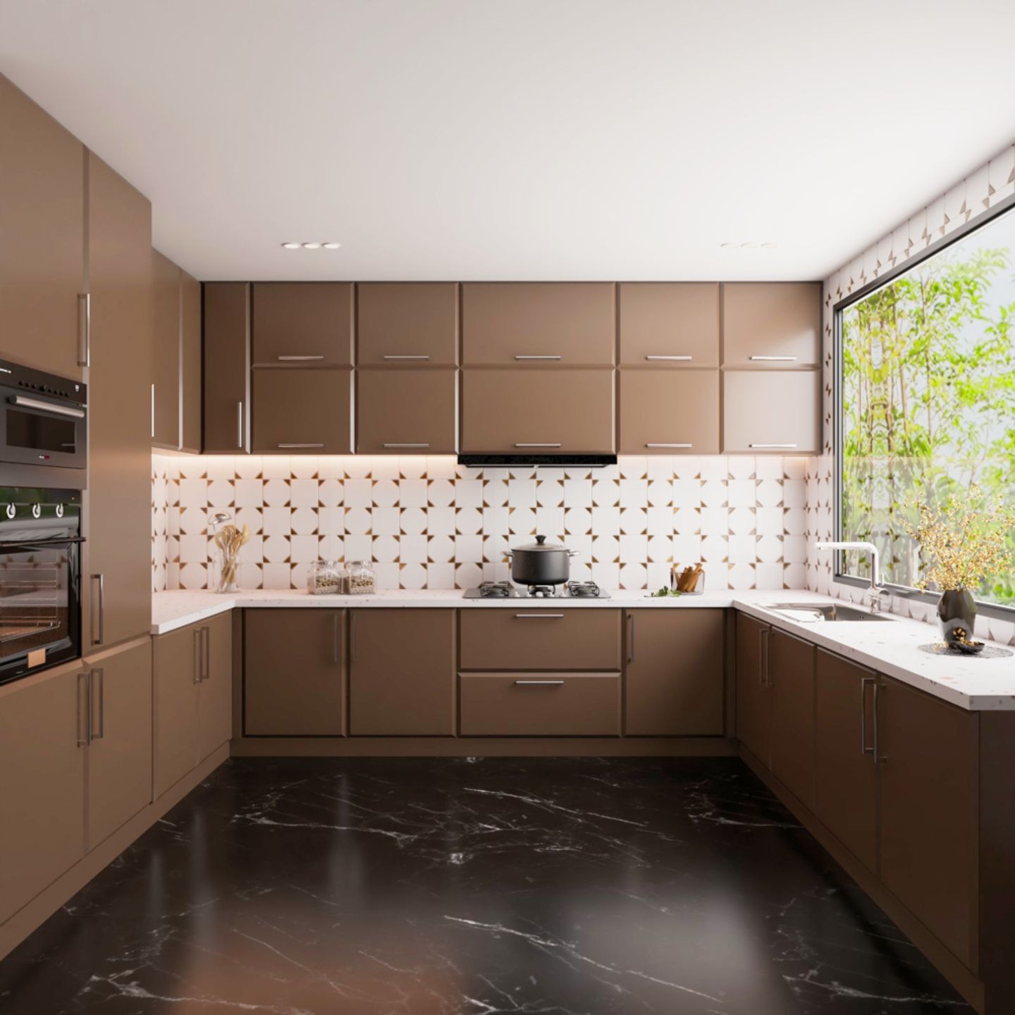 Brown Indian Kitchen Design With Geometric White Backsplash And Granite Flooring - Livspace