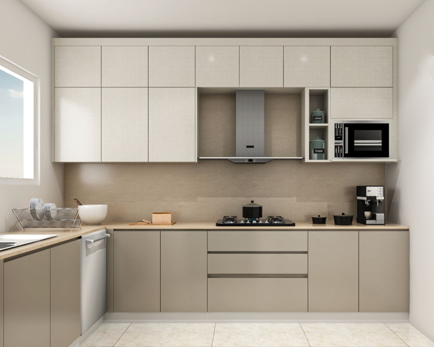 L Shape Modular Kitchen Design With Cream And Champagne-Toned Kitchen ...