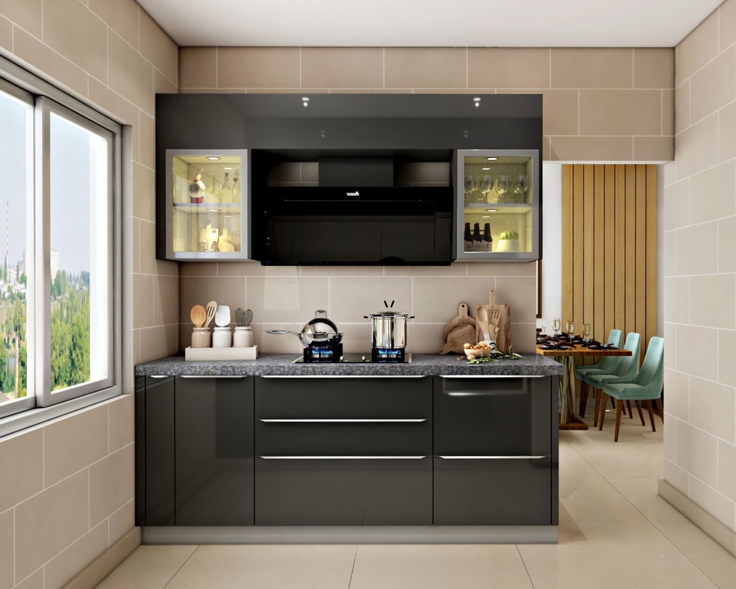 Slate Grey Glossy Kitchen Design With Beige Subway Backsplash And Wall Tiles - Livspace