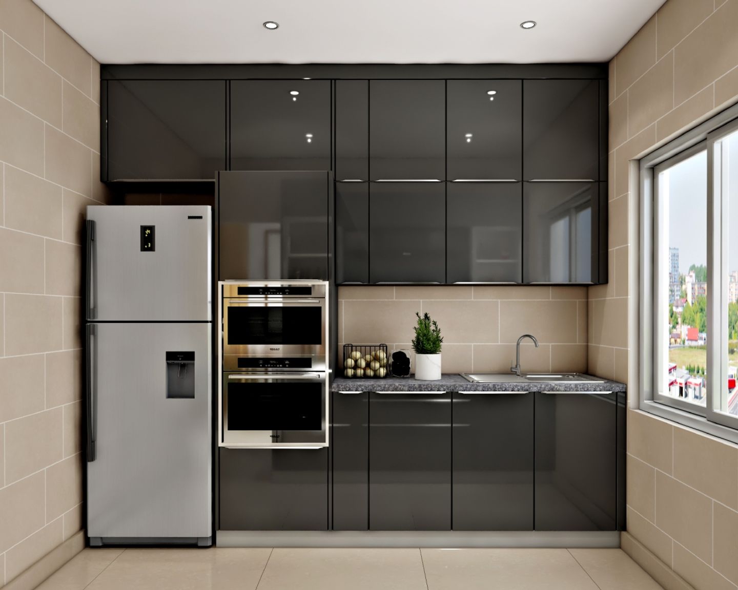 Dark Grey Indian Kitchen Cabinets With Glossy Finish And Tall Appliance Unit - Livspace