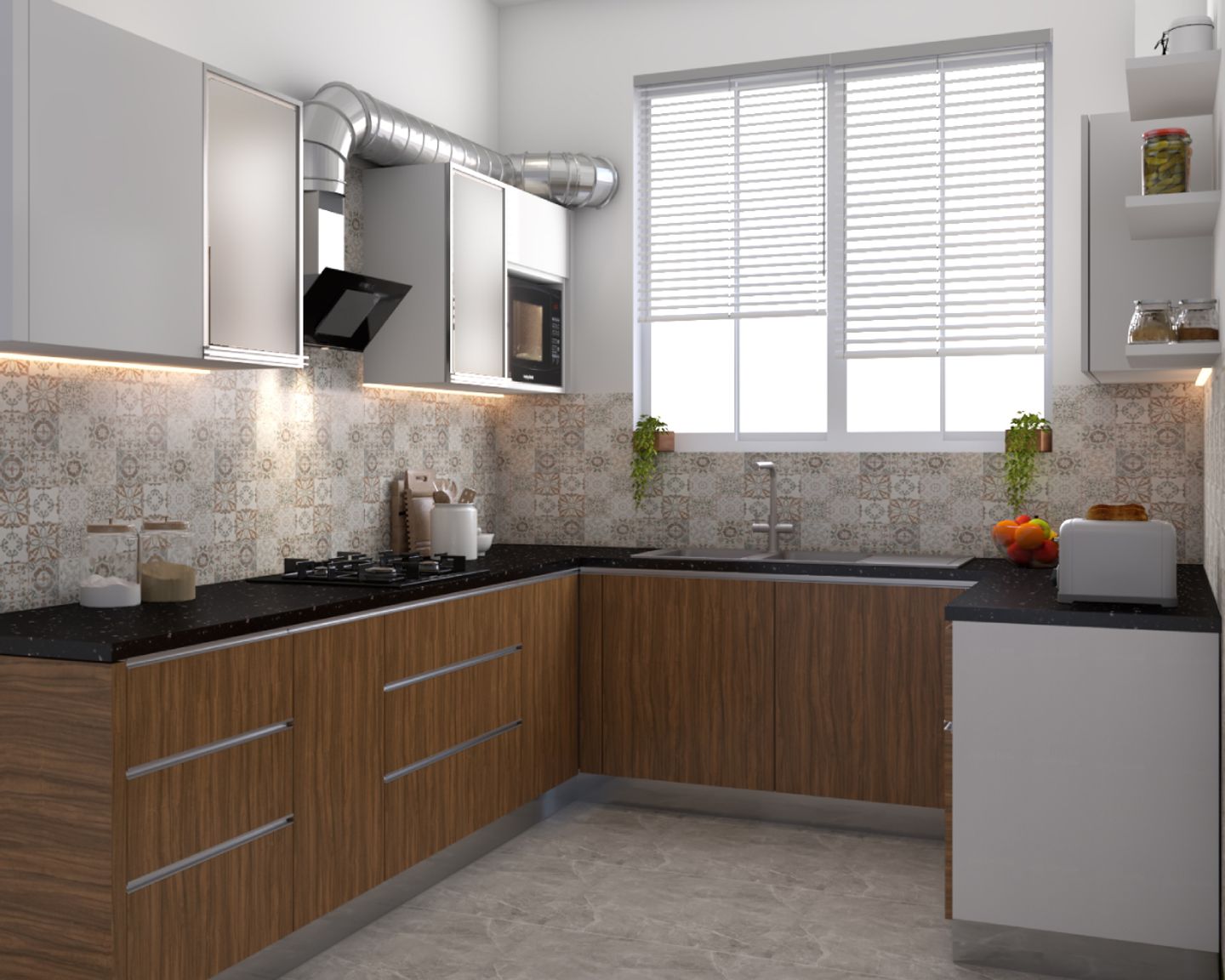 U-Shaped White And Dark Brown Modular Kitchen Design With Moroccan Backsplash And Black Countertop - Livspace