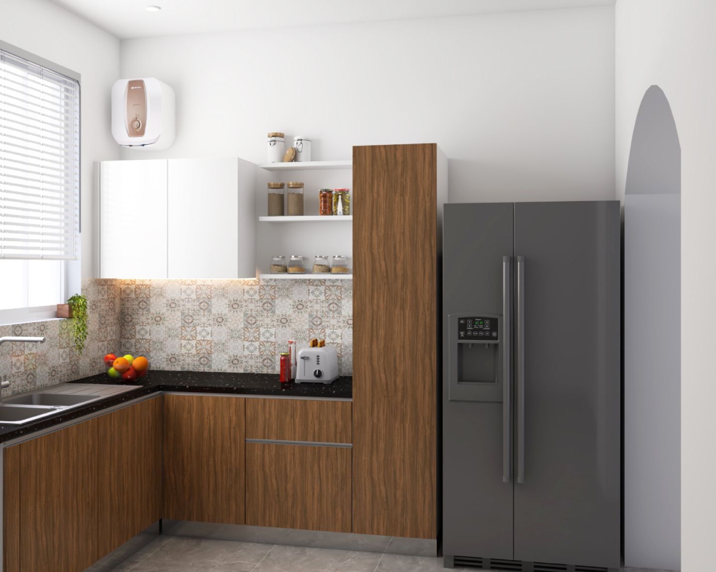 Modern White And Dark Wood U-Shaped Modular Kitchen Design With Beige Patterned Backsplash