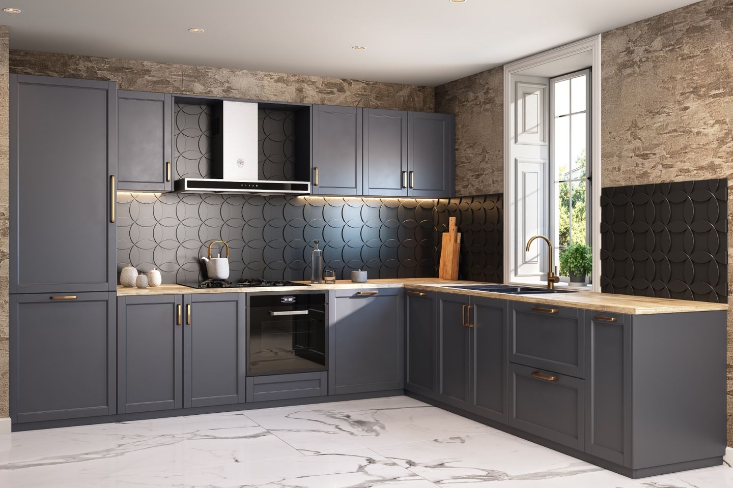 Grey Eclectic Modular L Shaped Kitchen Design With Black Dado Tiles ...