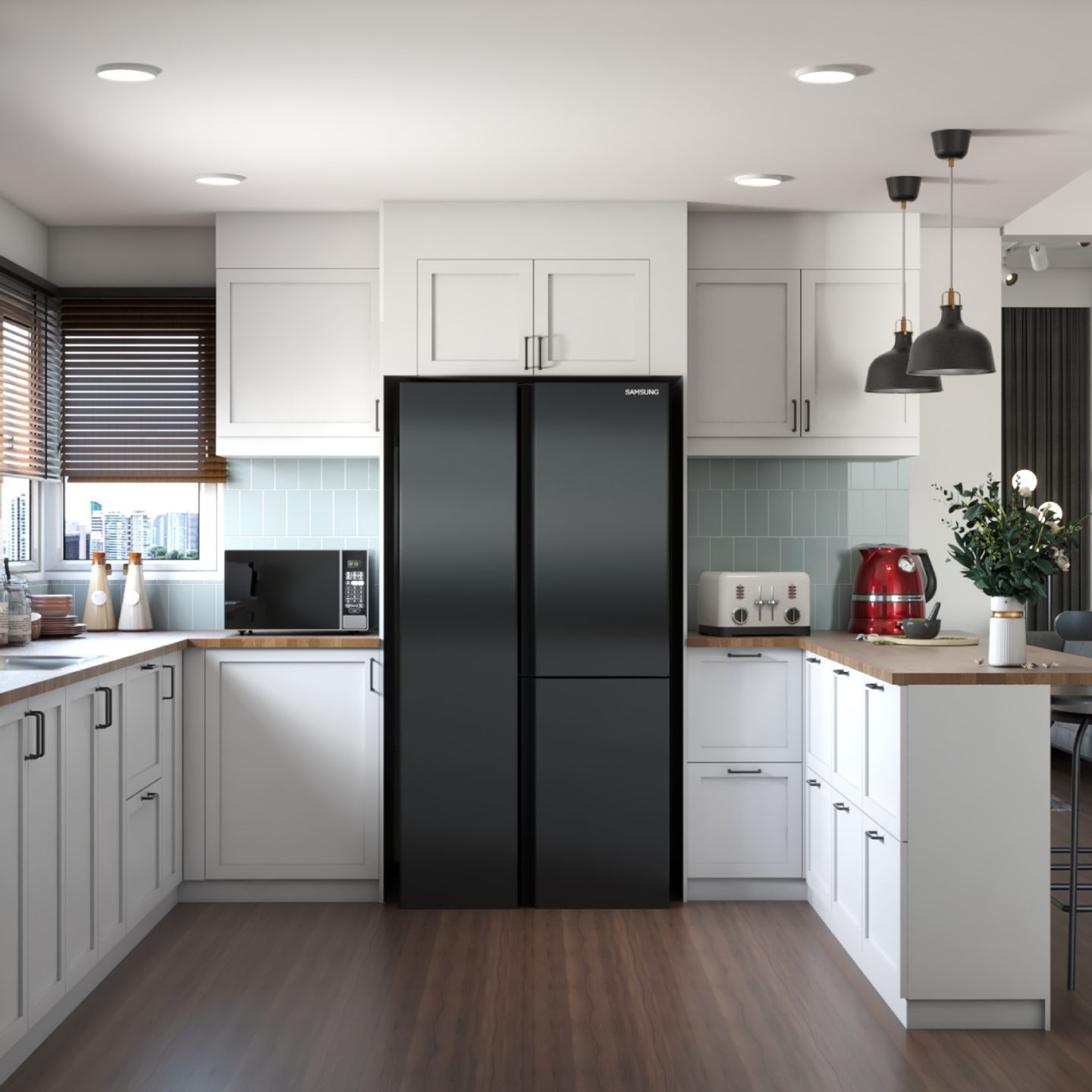 U-Shaped White Kitchen Design With Dark Wood Flooring And Black Refrigerator - Livspace