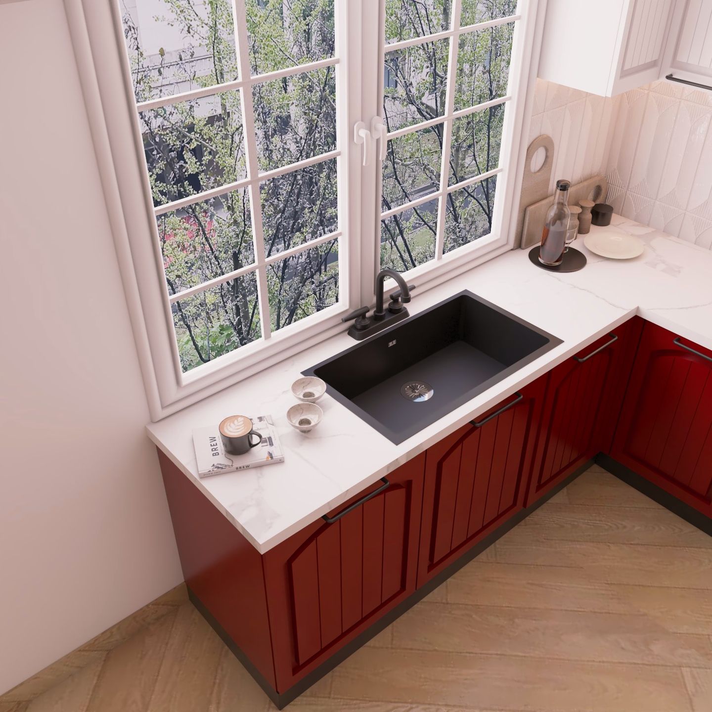 Black Quartz Small Kitchen Sink With Contemporary Aesthetics | Livspace