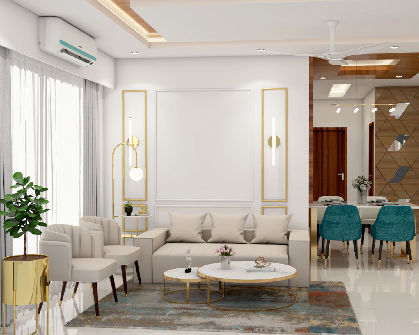 Compact Living Room Design With 3-Seater Off-White Sofa And White Wall ...