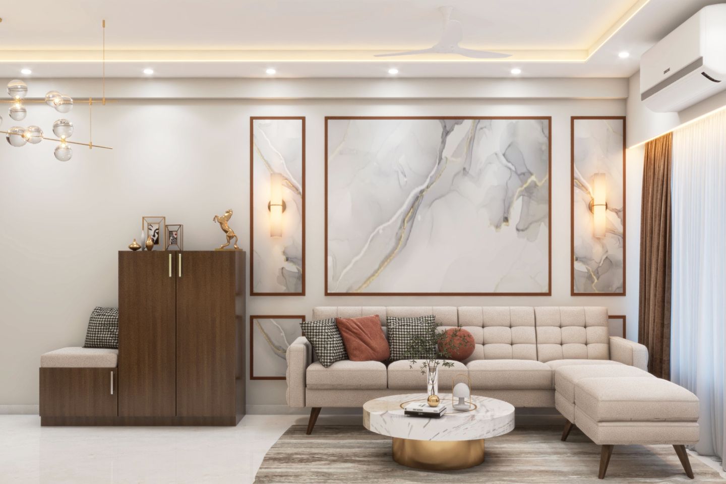 Spacious Living Room Design With Off-White Sectional Sofa And Marble Wall Decor | Livspace