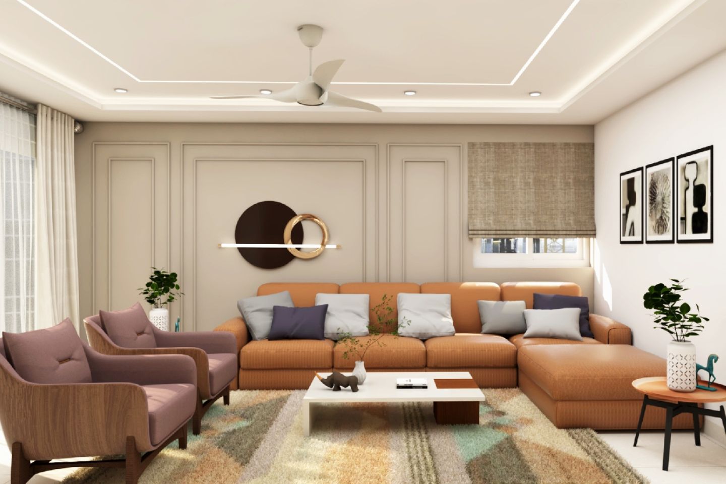 Spacious Living Room With Orange And Dusty Rose Sofas And A Beige ...