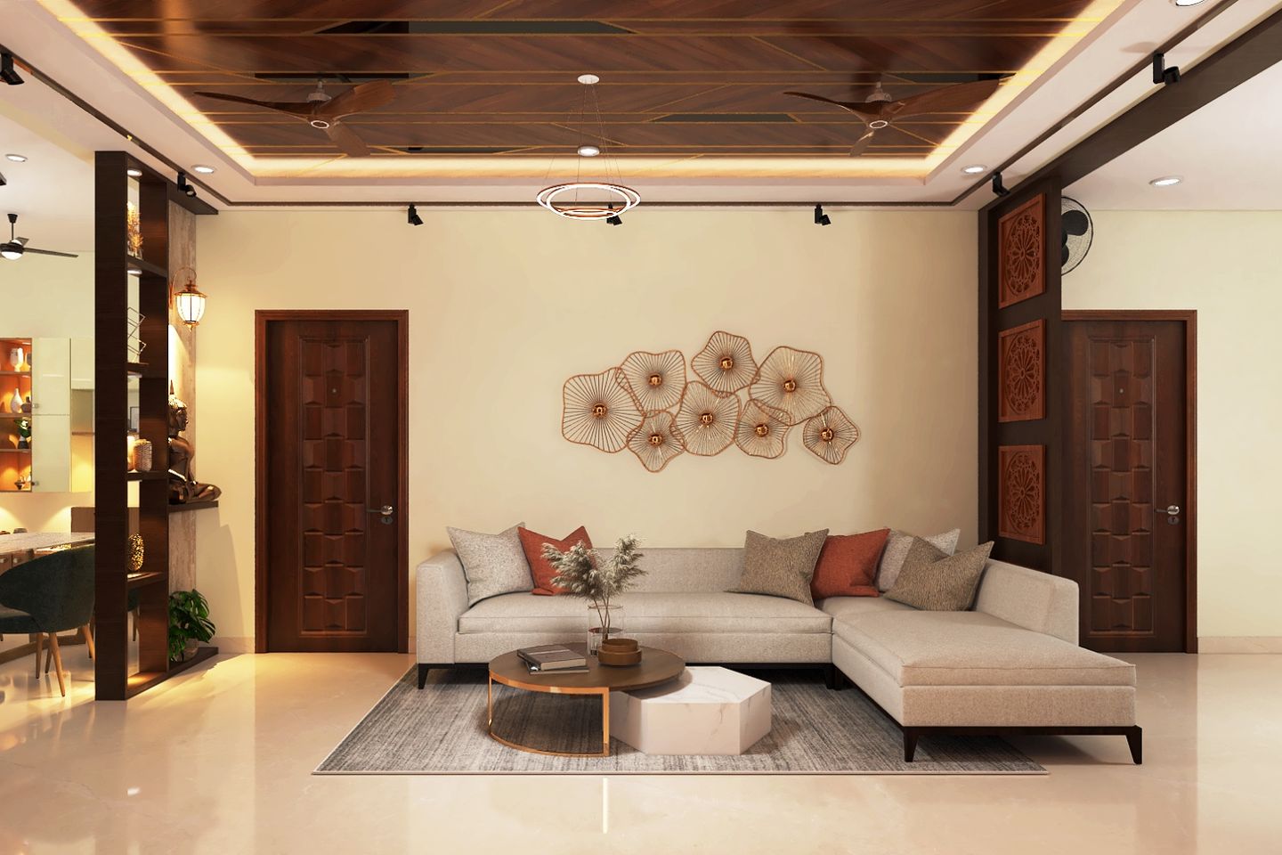 Spacious Living Room Design With Beige Sectional Sofa And A Rectangular ...