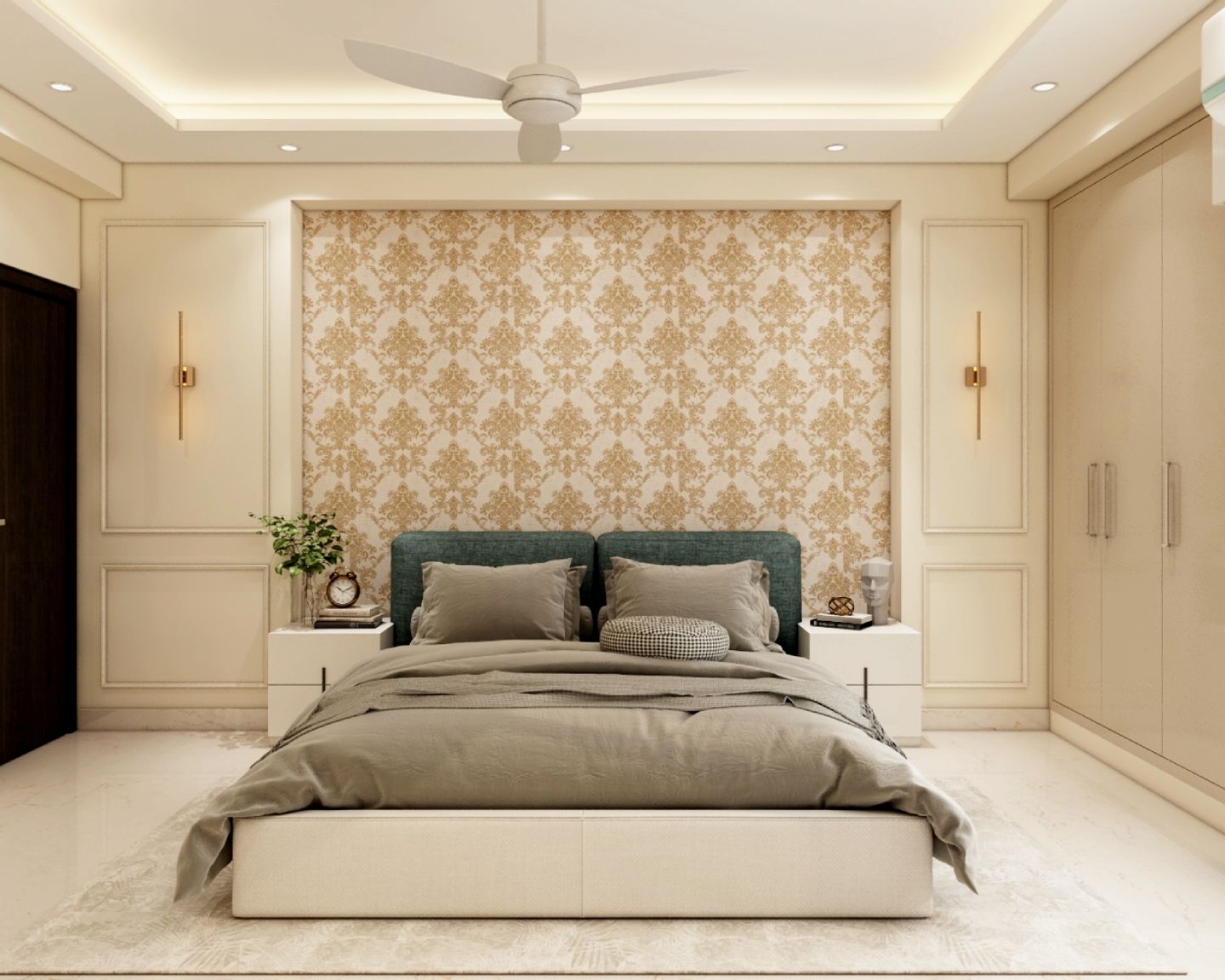 Master Bedroom With Queen-Size Bed And Dark Green Headboard, Side Tables And Beige Wall With Damask Wallpaper - Livspace