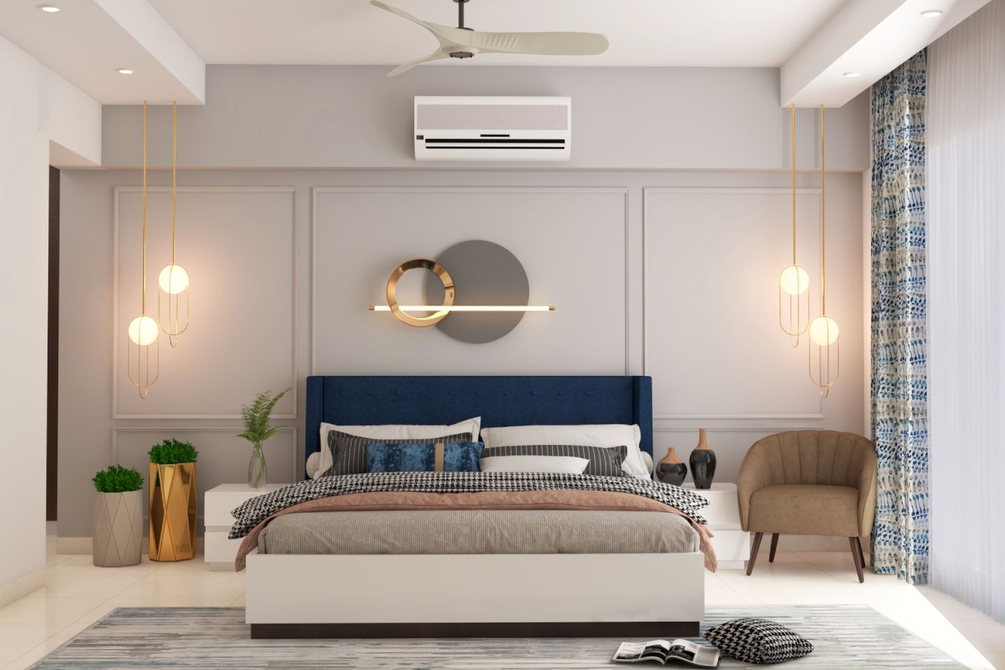 Grey Spacious Master Bedroom With Dark Blue Headboard And Pendant Lights | Livspace