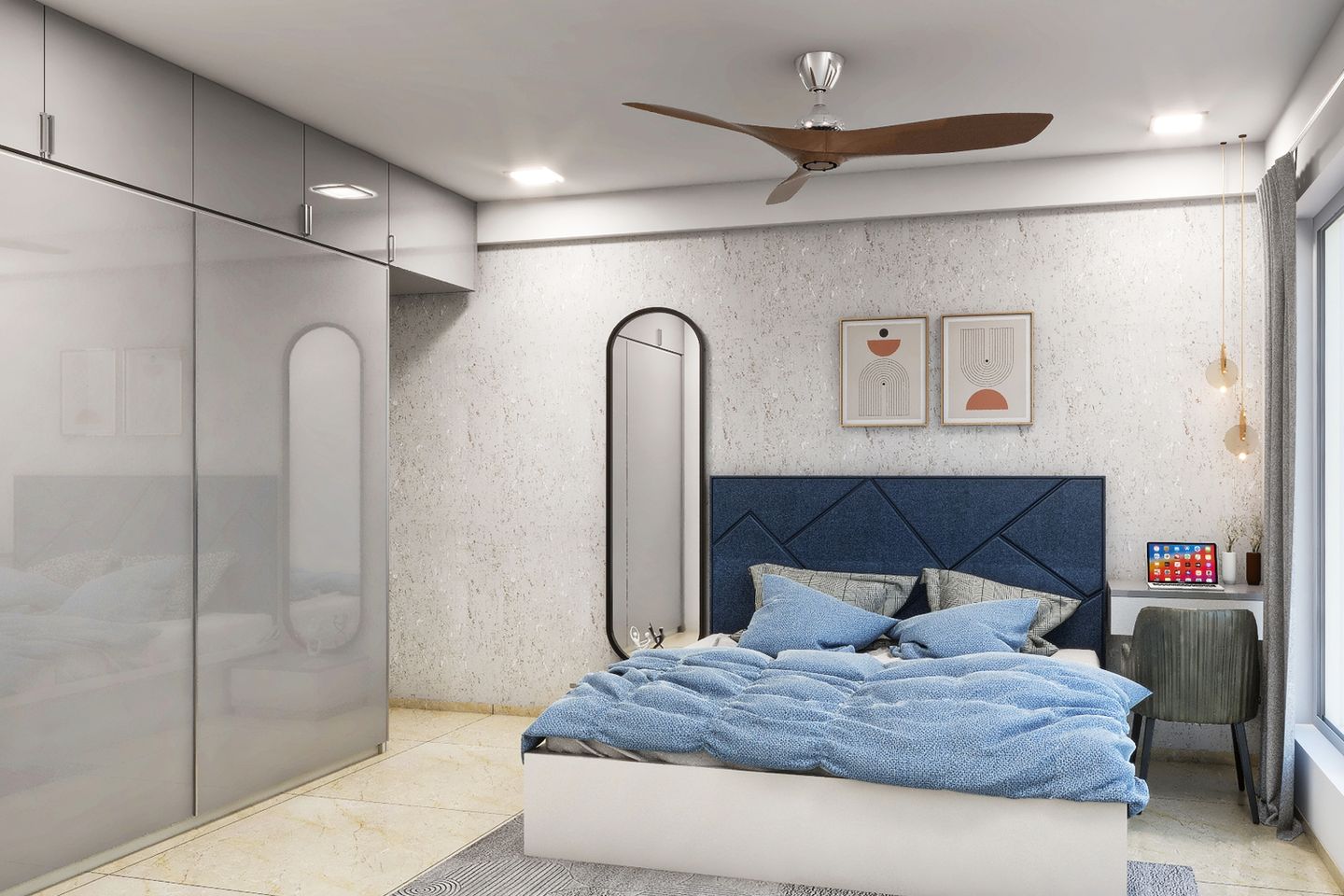 Spacious Master Bedroom Design With Geometric Panelled Blue Headboard ...