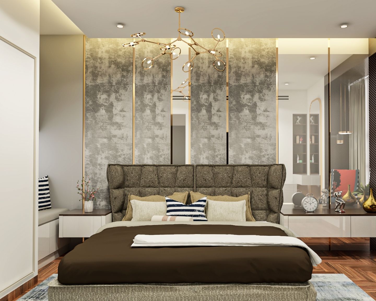 Spacious Grey And Brown Master Bedroom Design With Textured Grey And