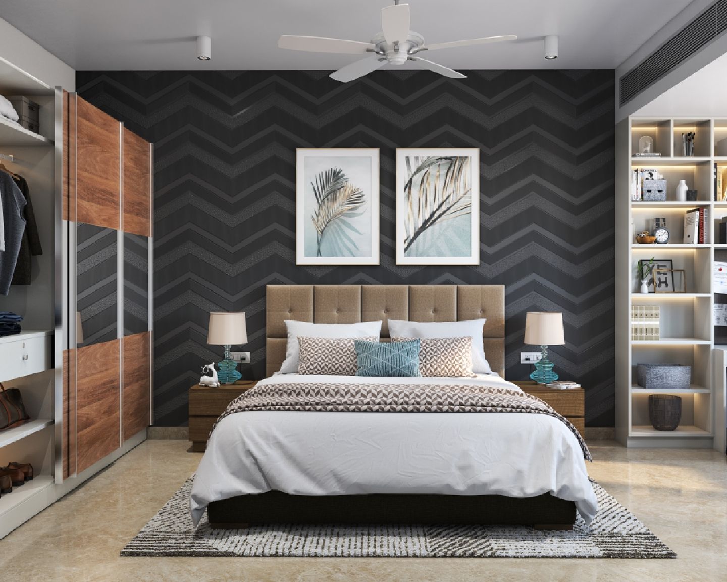 Master Bedroom Design With Chevron Black And Grey Wallpaper, Beige Queen-Size Bed, Wooden Sliding Wardrobe And White Open Storage Unit - Livspace