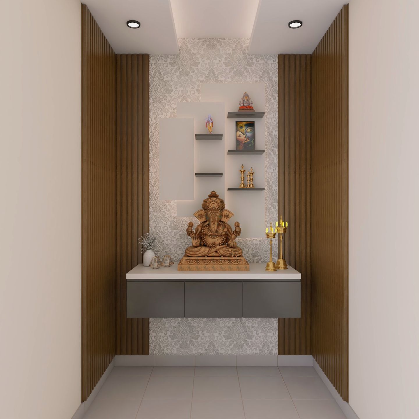 Pooja Room With Modern Grey Storage Unit And Wooden Wall Panels With ...