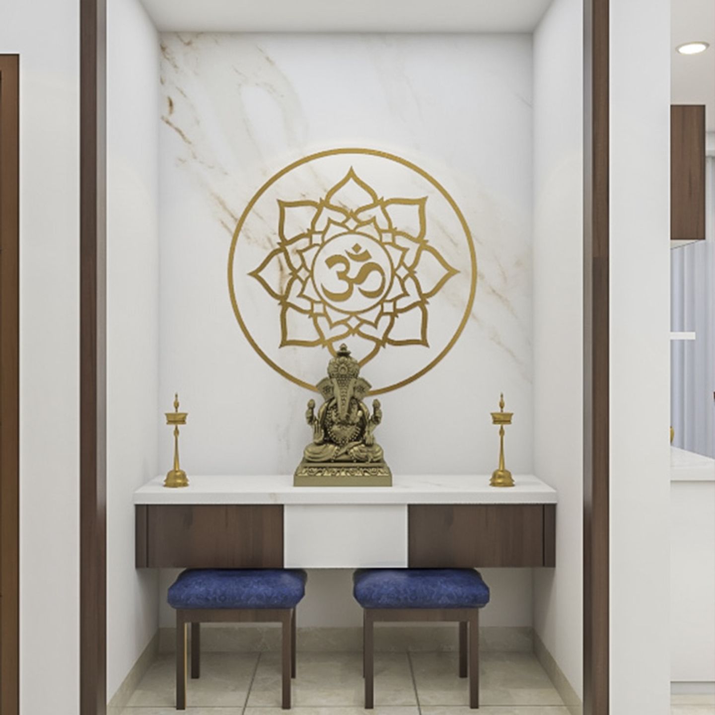 Pooja Room With White And Wood Wall-Mounted Unit, Two Blue Stools, Golden Om Mandala And Marble Wall - Livspace
