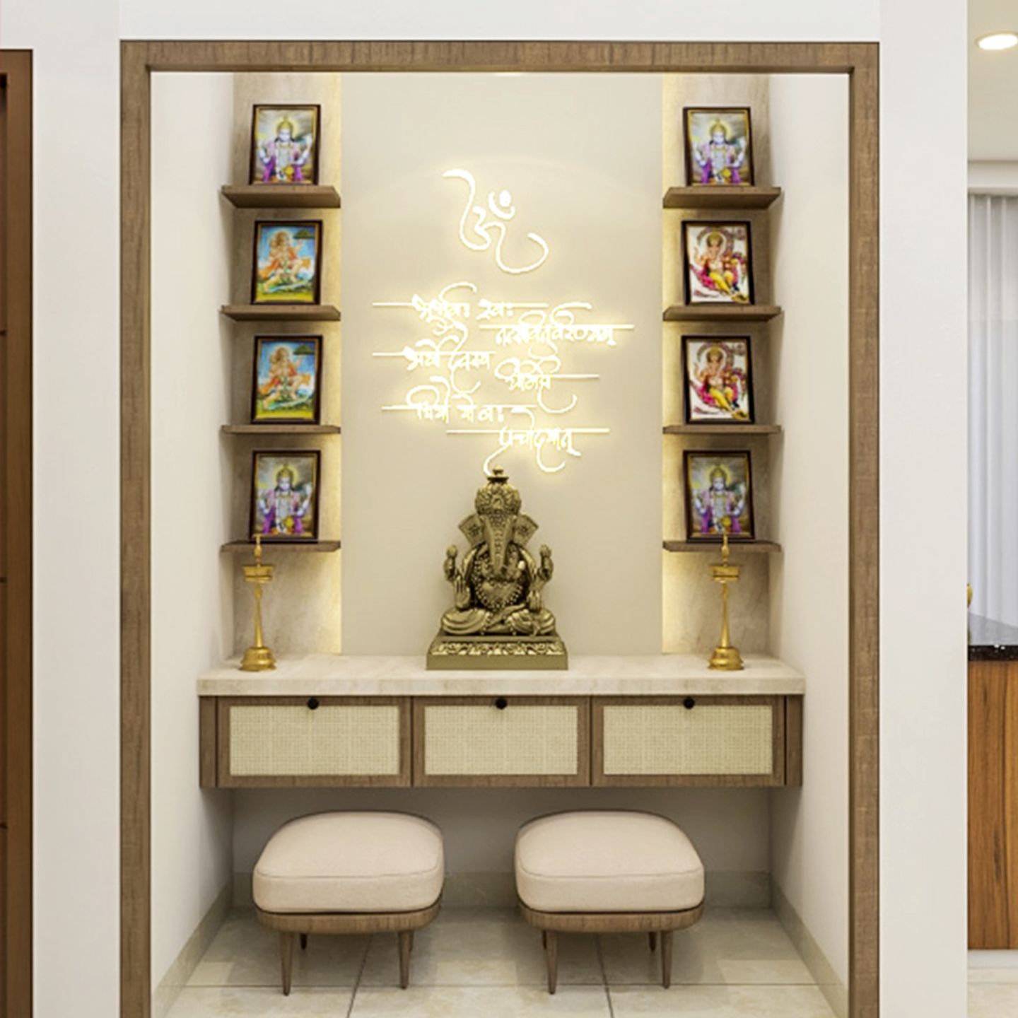 Cream And Wood Mandir Design With Drawer Storage And Wooden Wall 