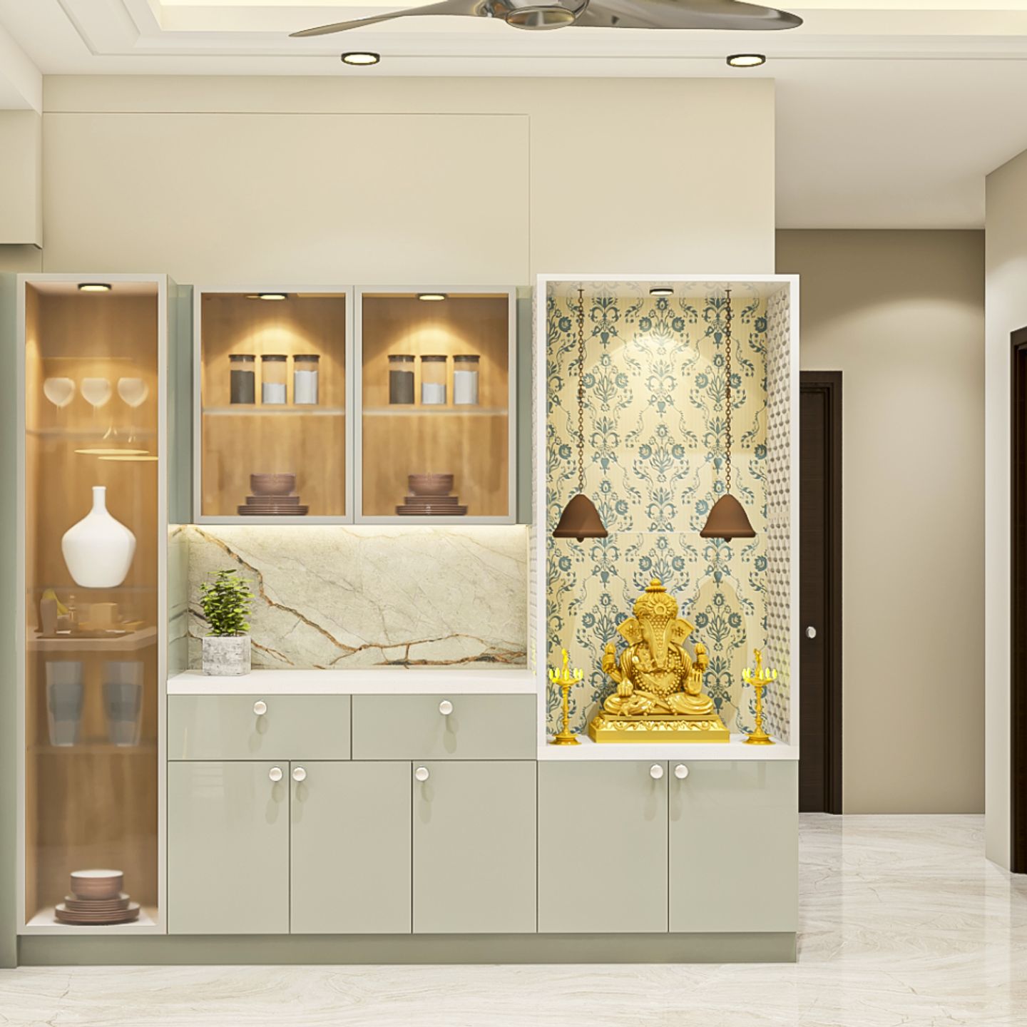 Open Floor-Mounted Grey And White Mandir Design With Crockery Unit ...