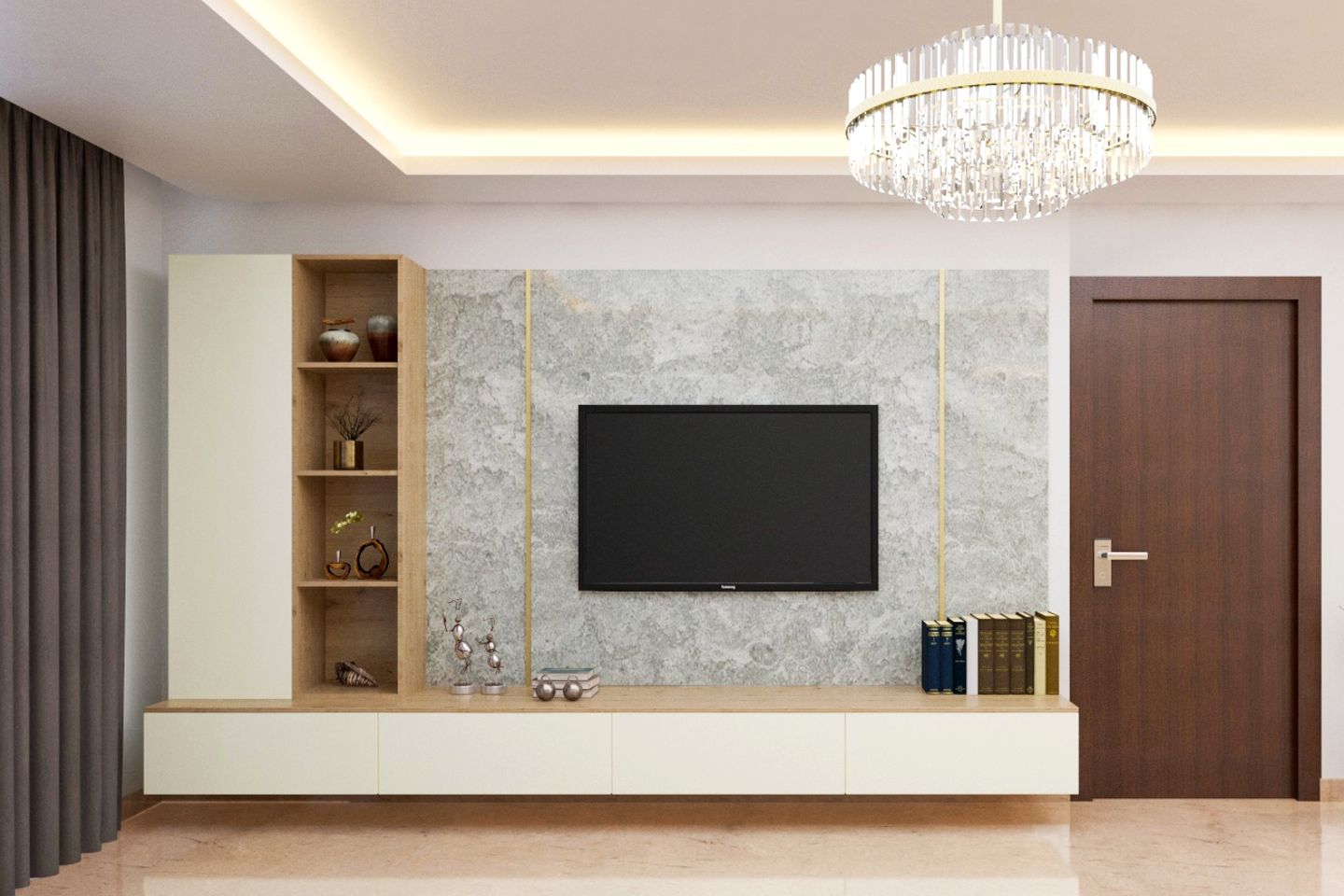 Spacious Wood And Champagne-Toned TV Unit With Grey Textured Accent Panel With Gold Strip, Peripheral False Ceiling And Chandelier - Livspace