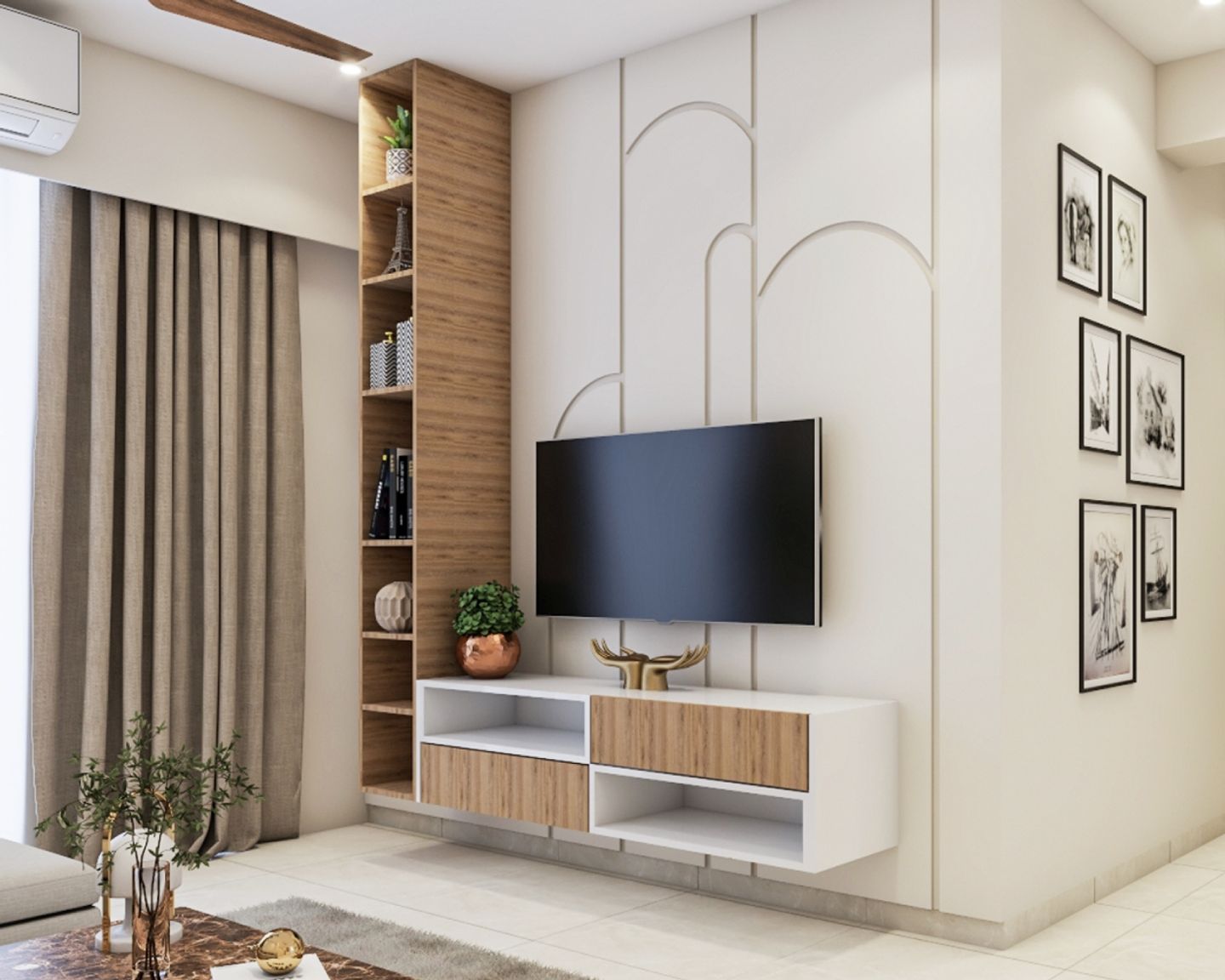 White And Wood TV Unit Desgn With Contemporary Aesthetics And White Grooved Accent Wall - Livspace