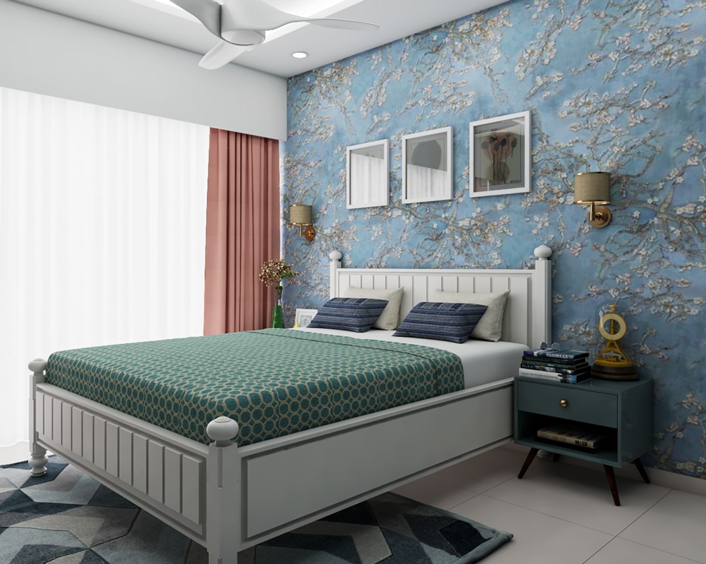 Floral Blue And White Bedroom Wallpaper Design | Livspace