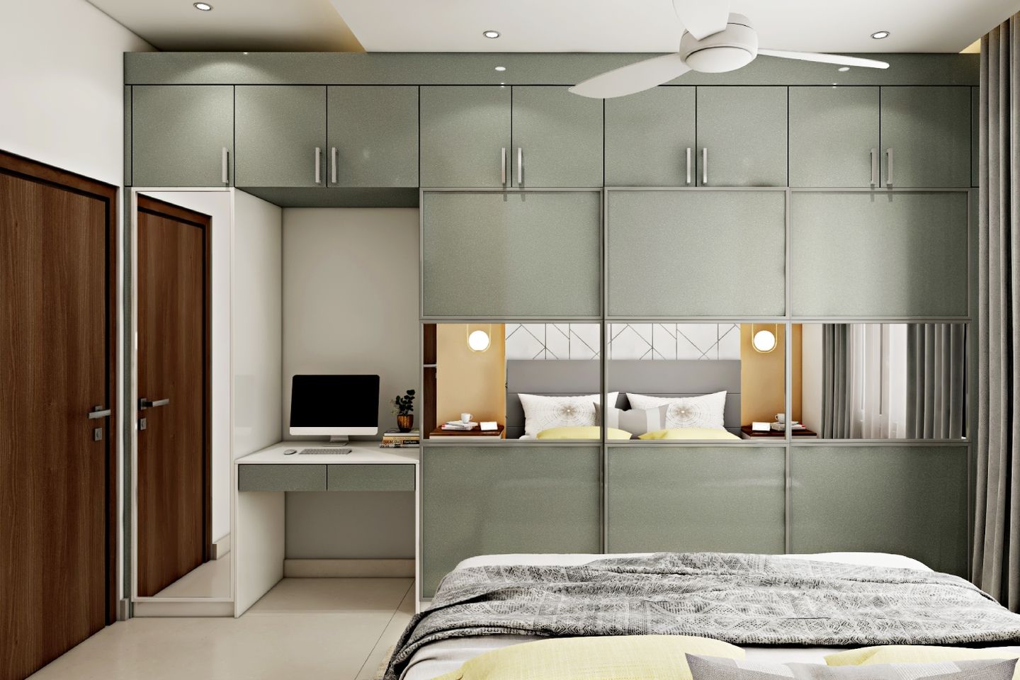 Grey 3-Door Sliding Wardrobe With Study Table, Loft Storage And Mirrored Panels- Livspace