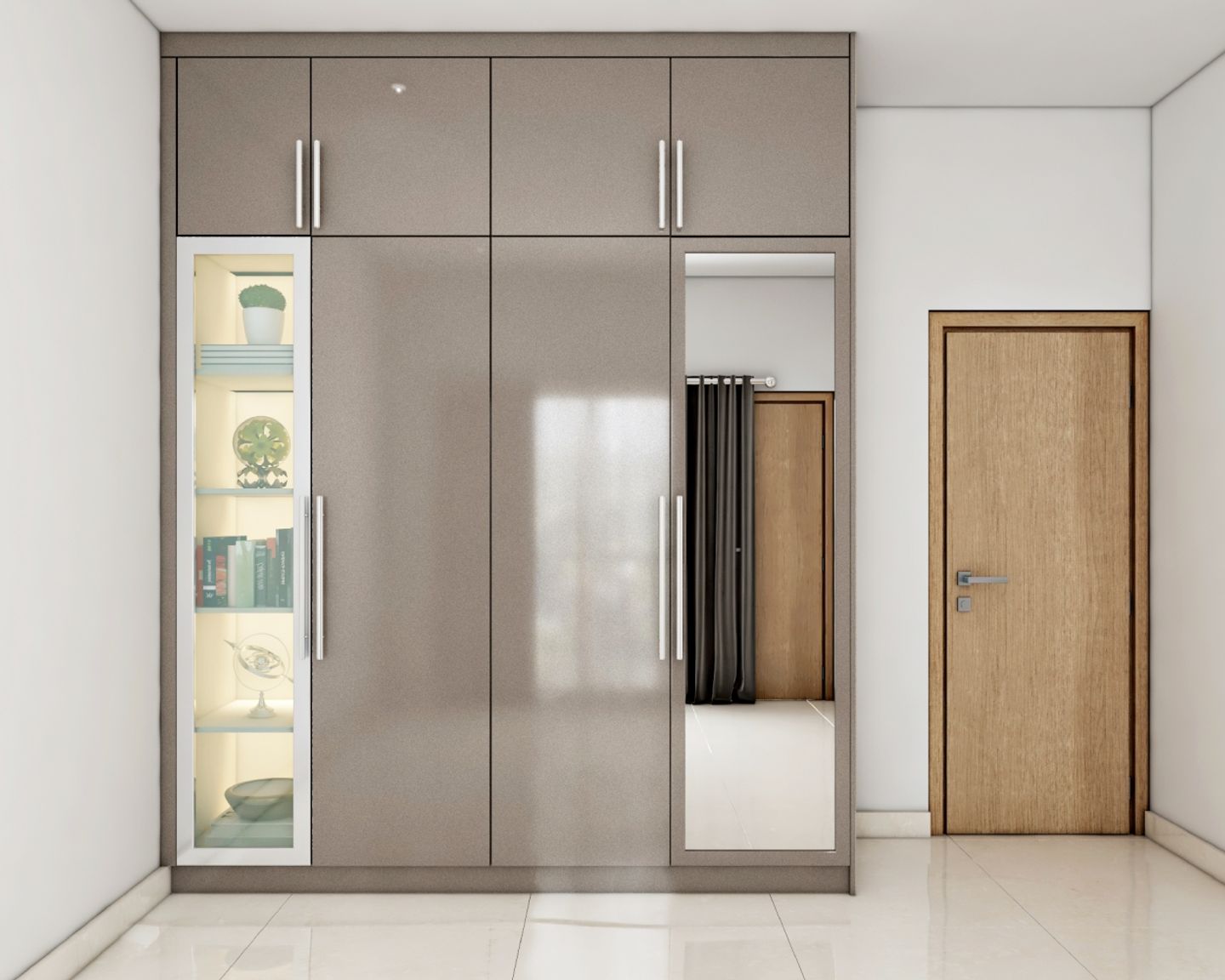 Spacious Glossy Grey 4-Door Swing Wardrobe Design With Mirror, White Glass Storage And Lofts - Livspace