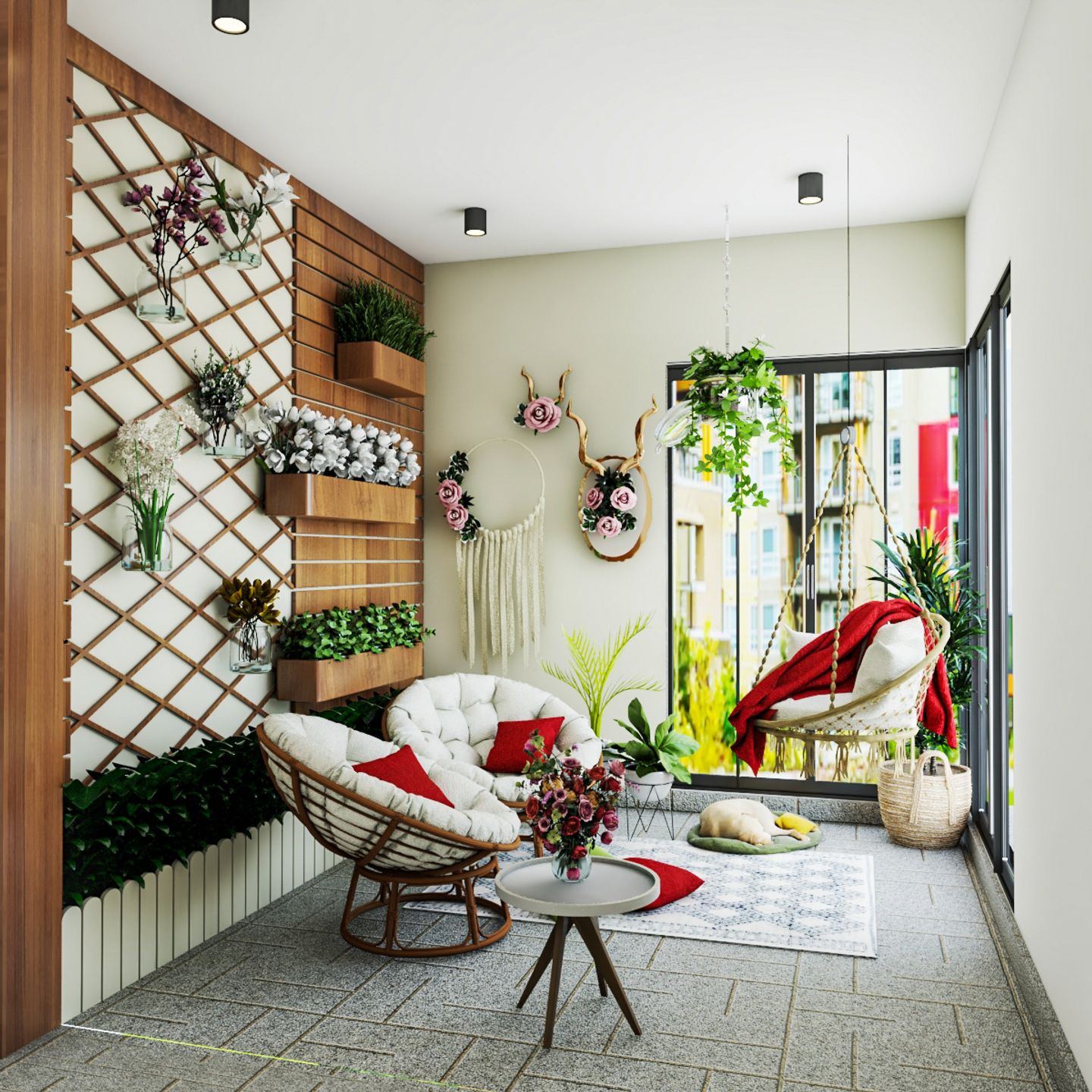 8X7 Ft Balcony Design With Wooden Wall Panelling And Planters - Livspace