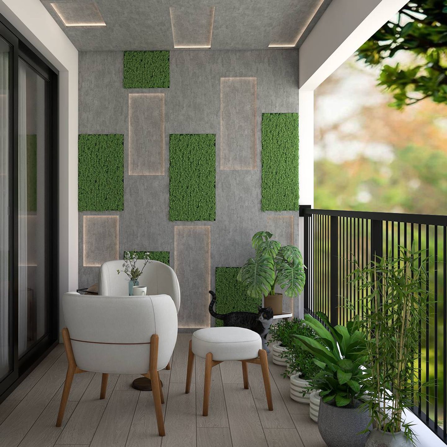 Balcony Design With Grey Textured Wall And Grass Panelling - Livspace