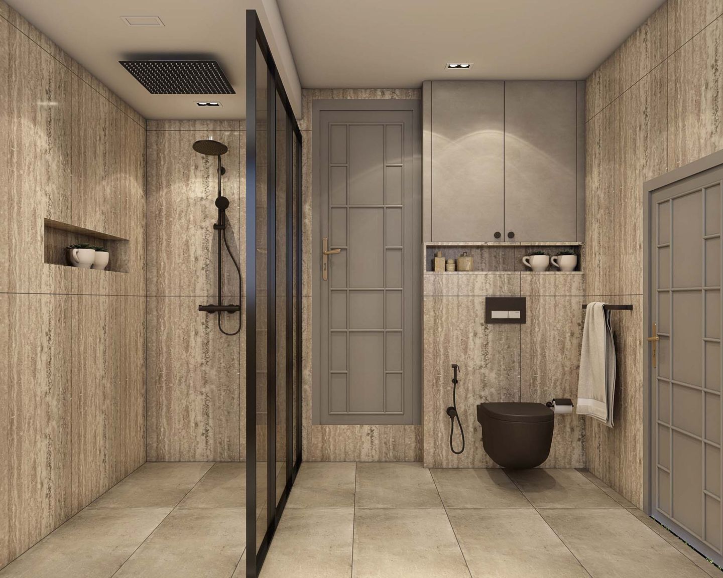 Contemporary Bathroom Design with Black Chrome Fittings| Livspace