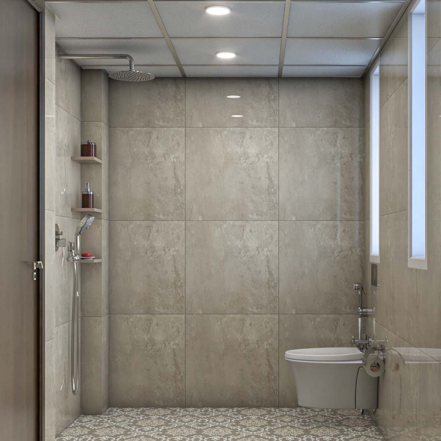 Beige Bathroom Design With Overhead Lights - Livspace