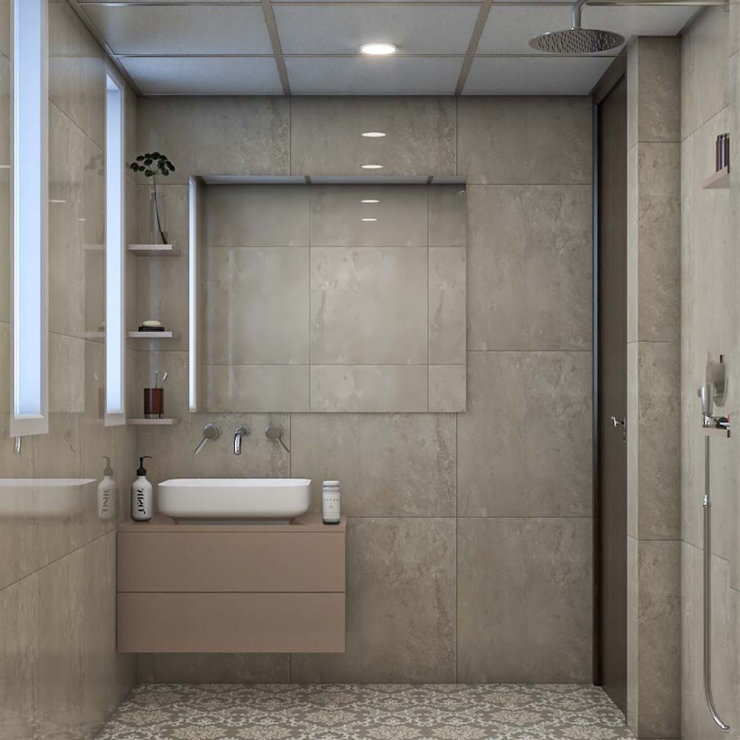 Contemporary Bathroom Design With Beige Wall And Floor Tiles
