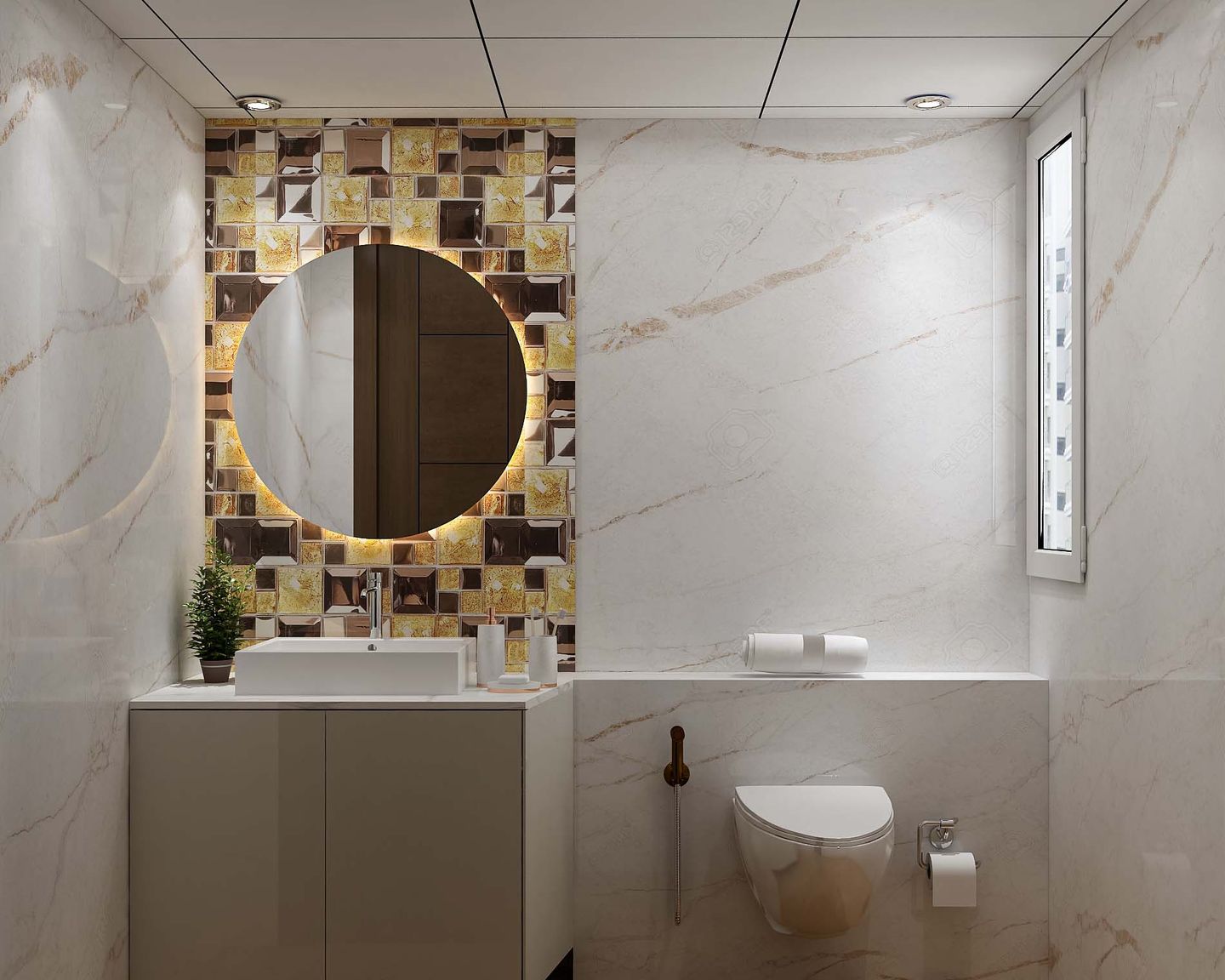 Marble Washroom Design With A Round Mirror - Livspace