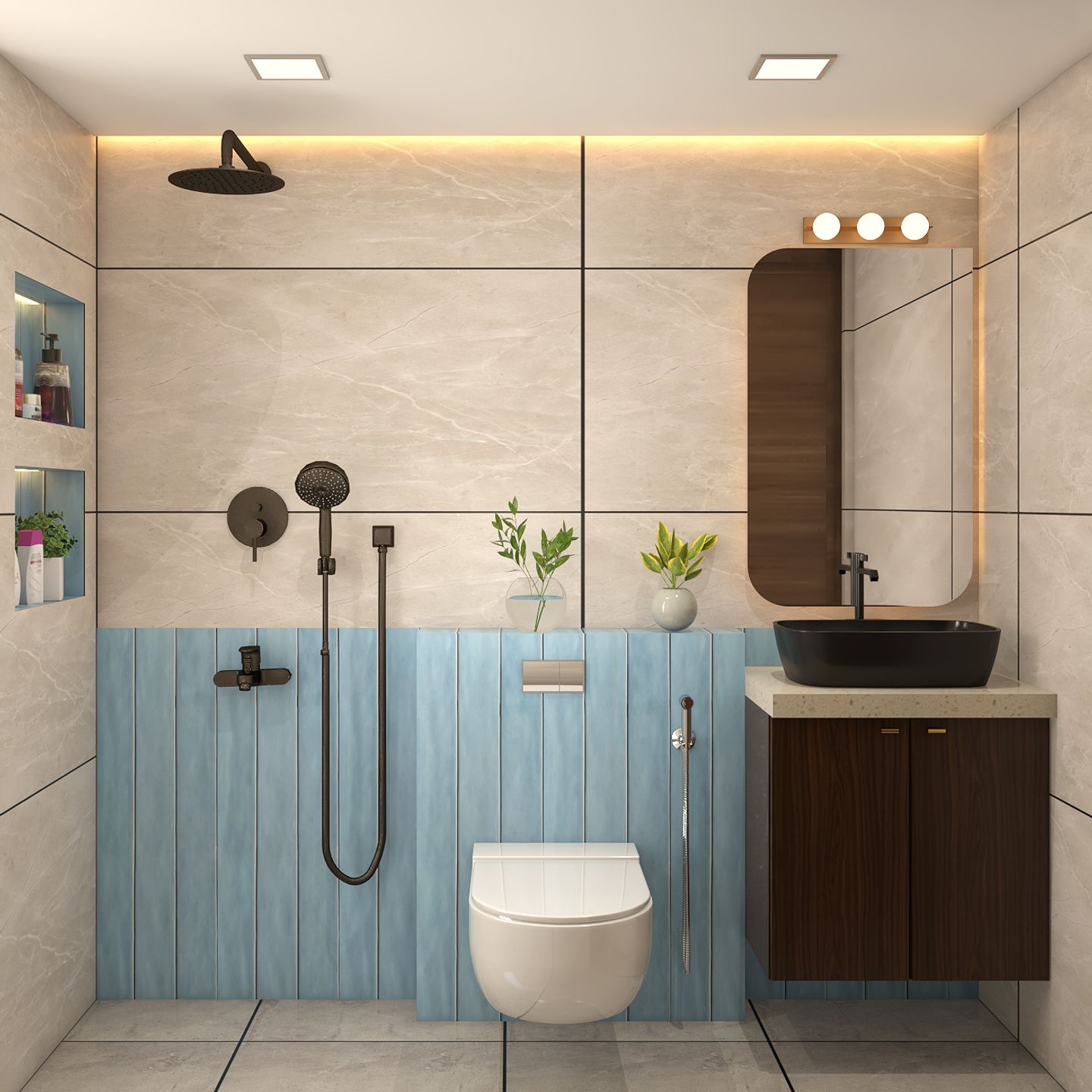 Blue And Beige Modern Bathroom Design | Livspace