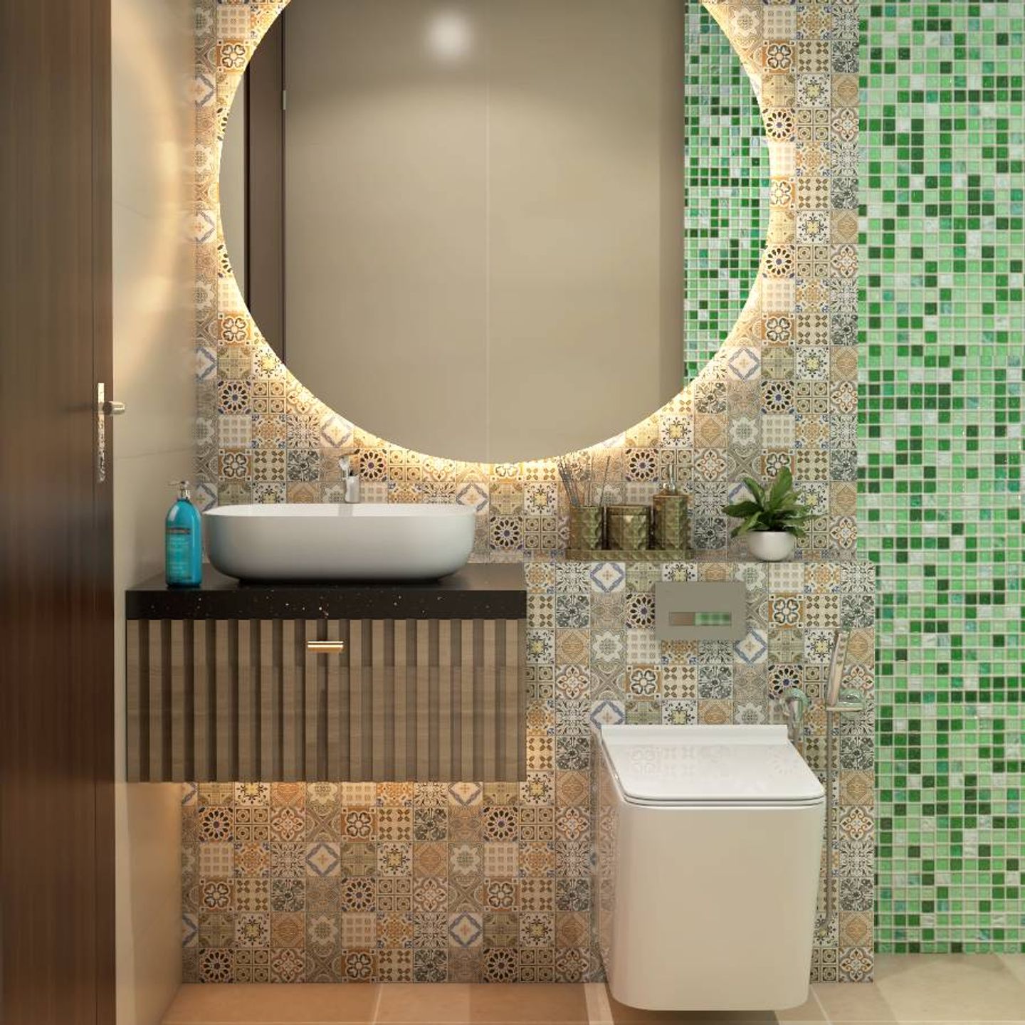Bathroom Design With Colorful Wall Tiles And A Vanity Unit | Livspace