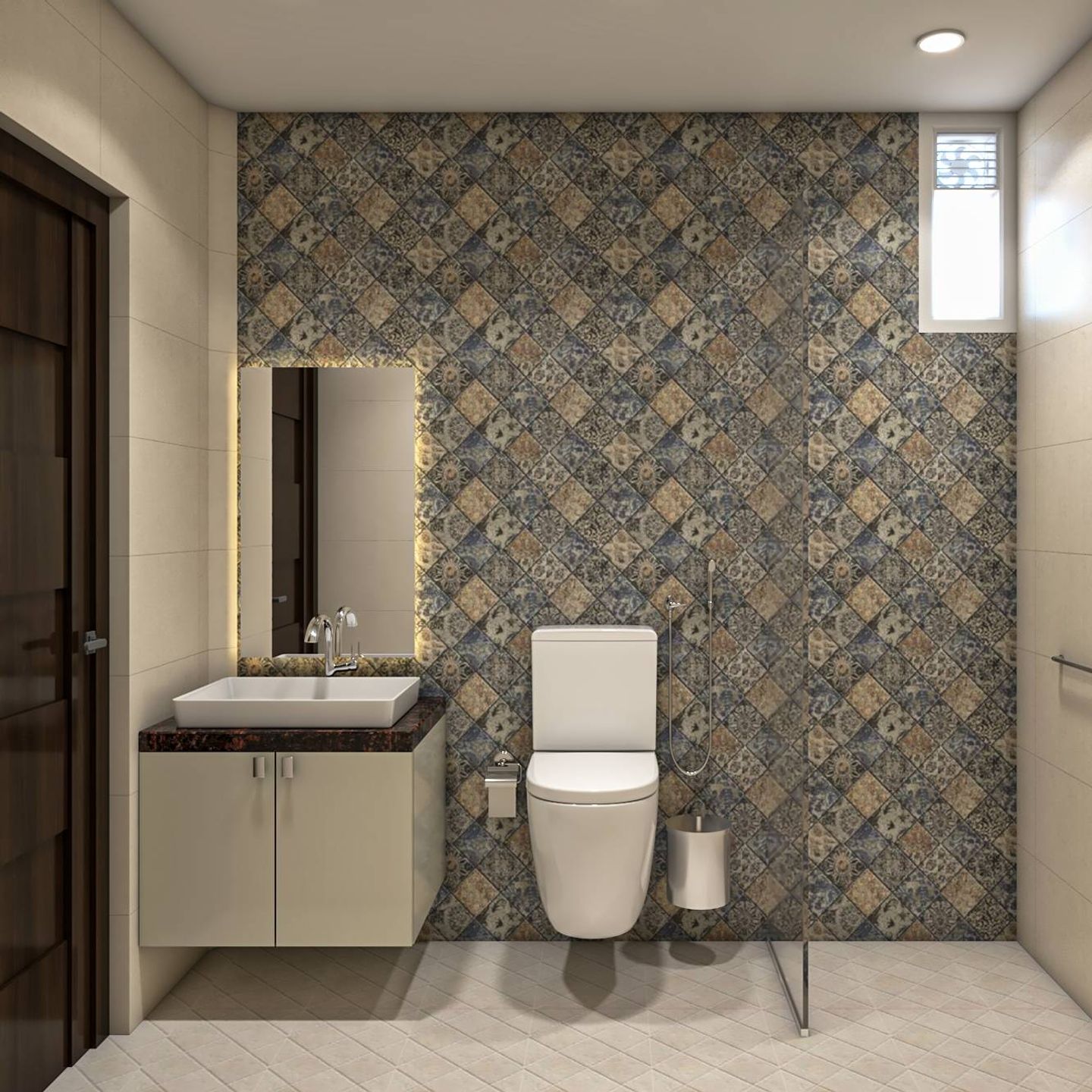 Bathroom With Patterned Accent Wall - Livspace