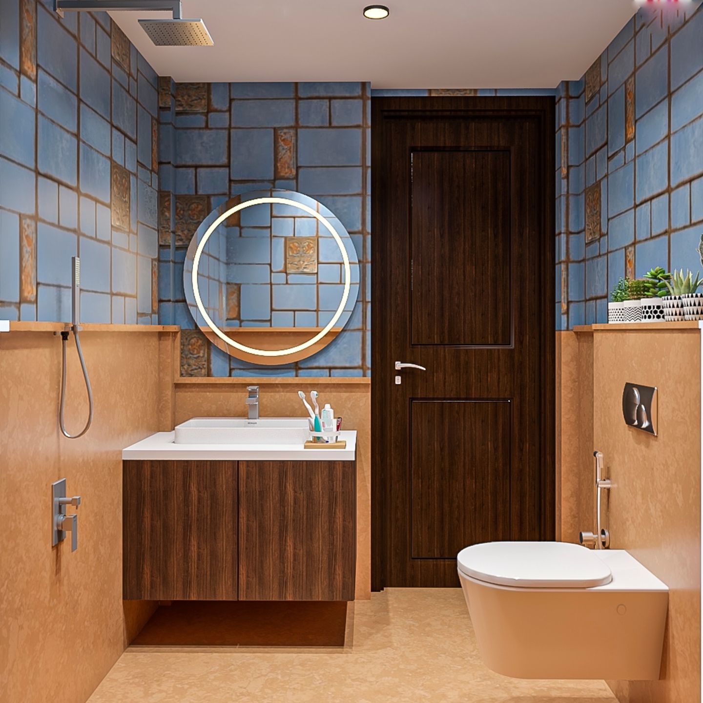 Compact Blue Brown Toned Bathroom | Livspace