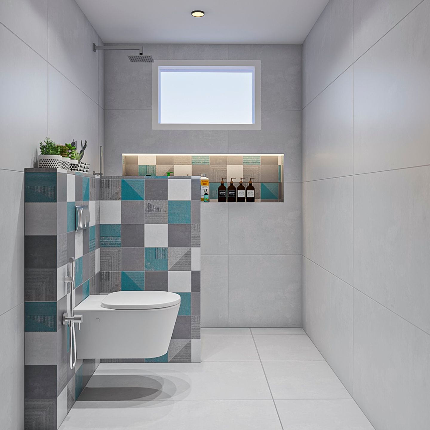 Compact Bathroom Design With Multicolour Tiles