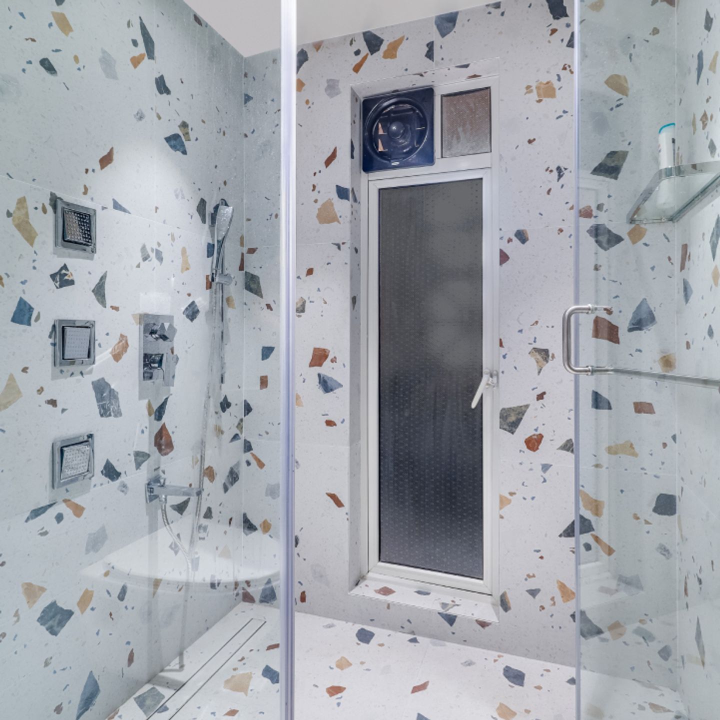 Contemporary Bathroom Design With Blue Subway Tiles