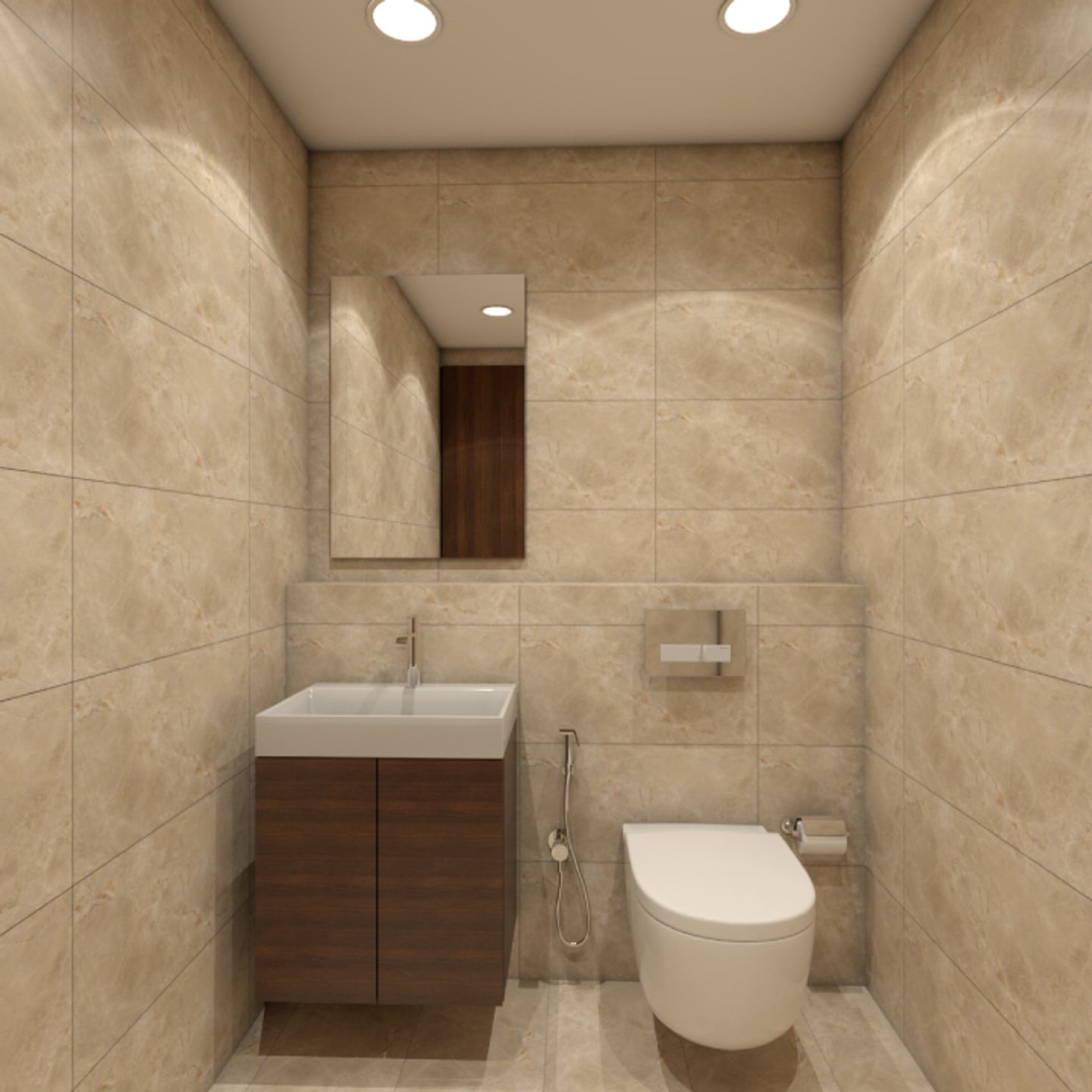 7X7 Ft Beige-Tiled Bathroom Design With Brown Vanity Unit - Livspace