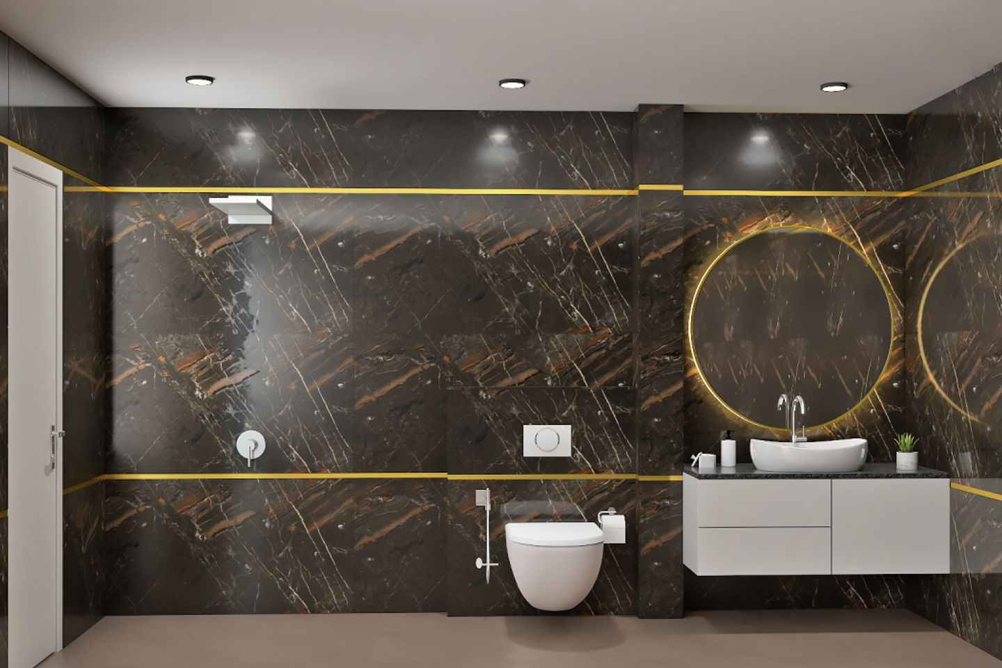 Black Marble Contemporary Bathroom with Golden Inlay | Livspace