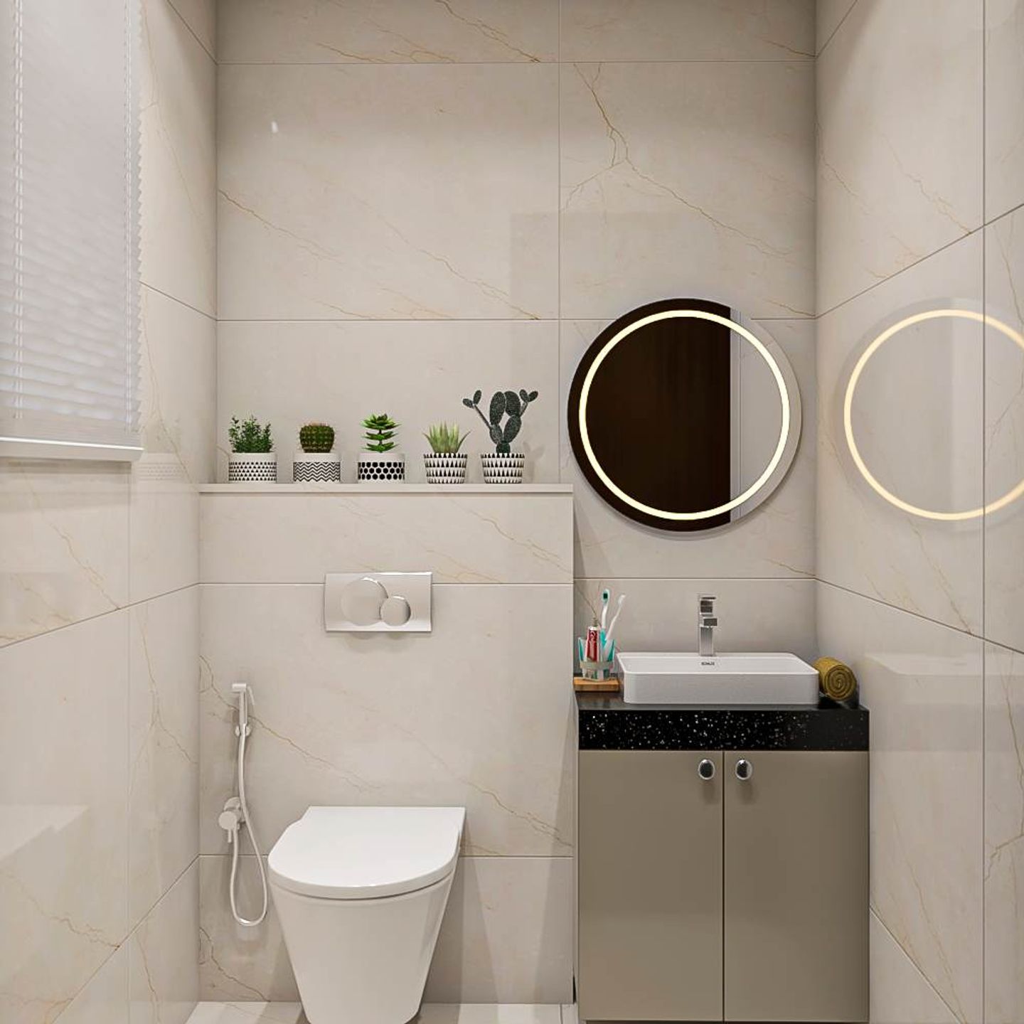 Brown Bathroom Design With LED Lights - Livspace