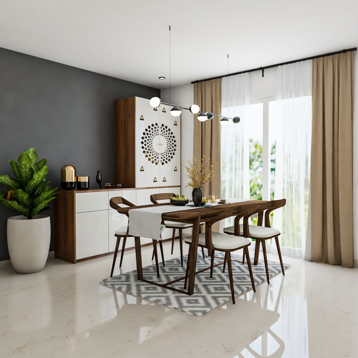 Spacious 4-Seater Dining Room With Storage Cabinets | Livspace