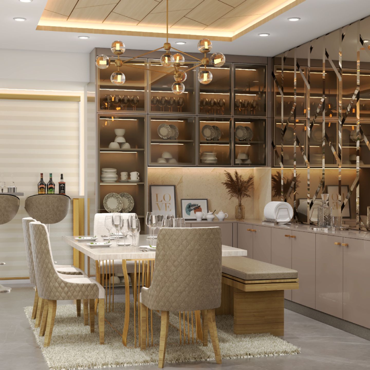 Compact Dining Room Design With A Stylish Mirror | Livspace