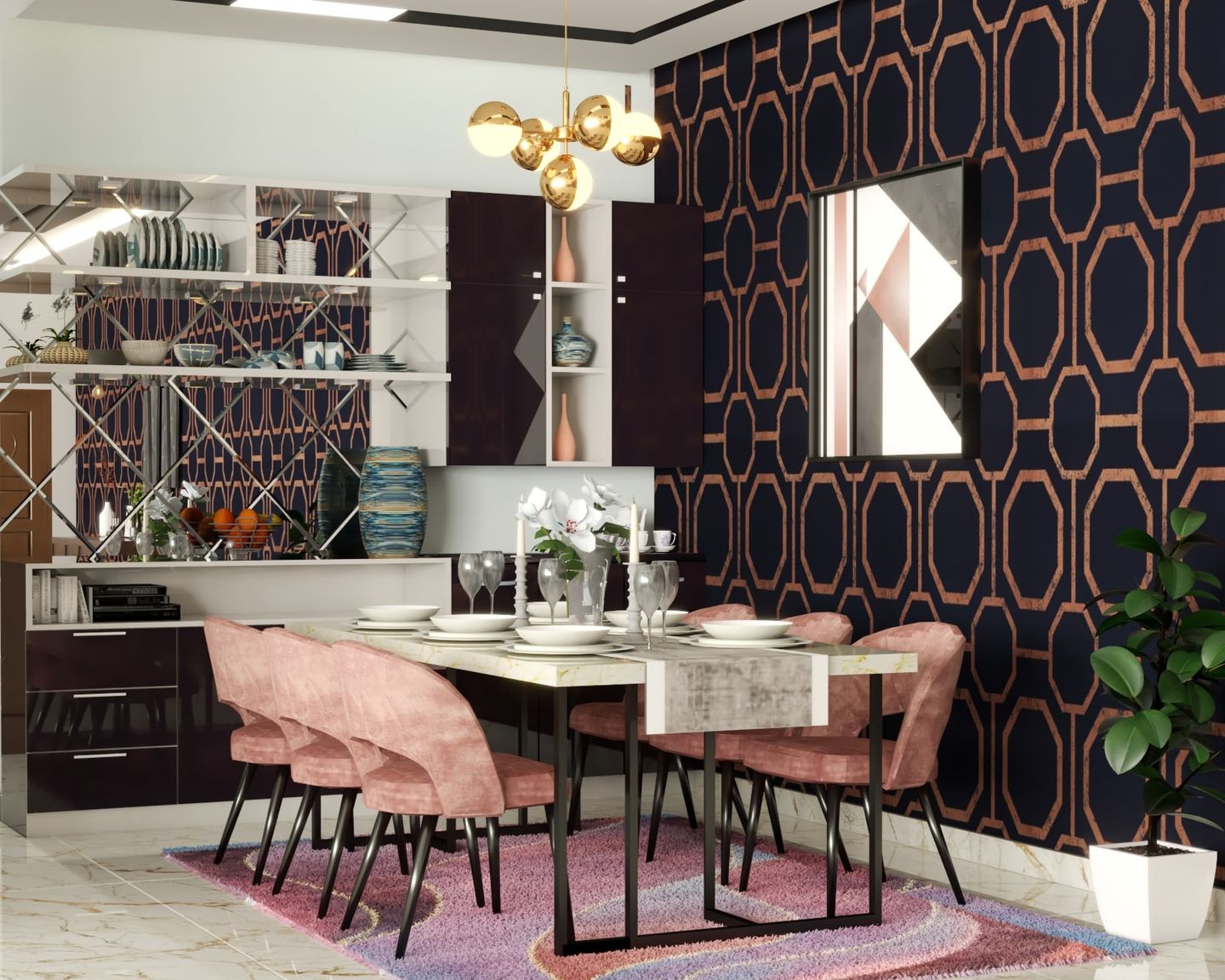 Contemporary Dining Room Design With Pink And Black Wallpaper | Livspace
